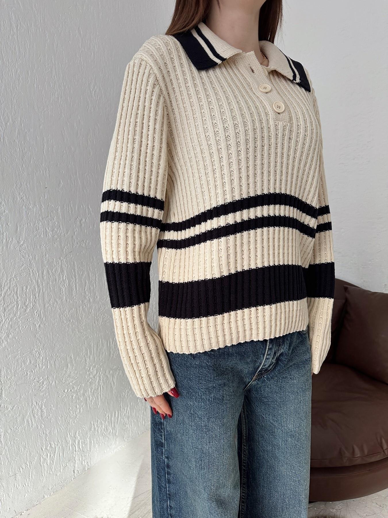 Polo Yaka Çizgili Düğmeli Kazak EKRU-LACİ