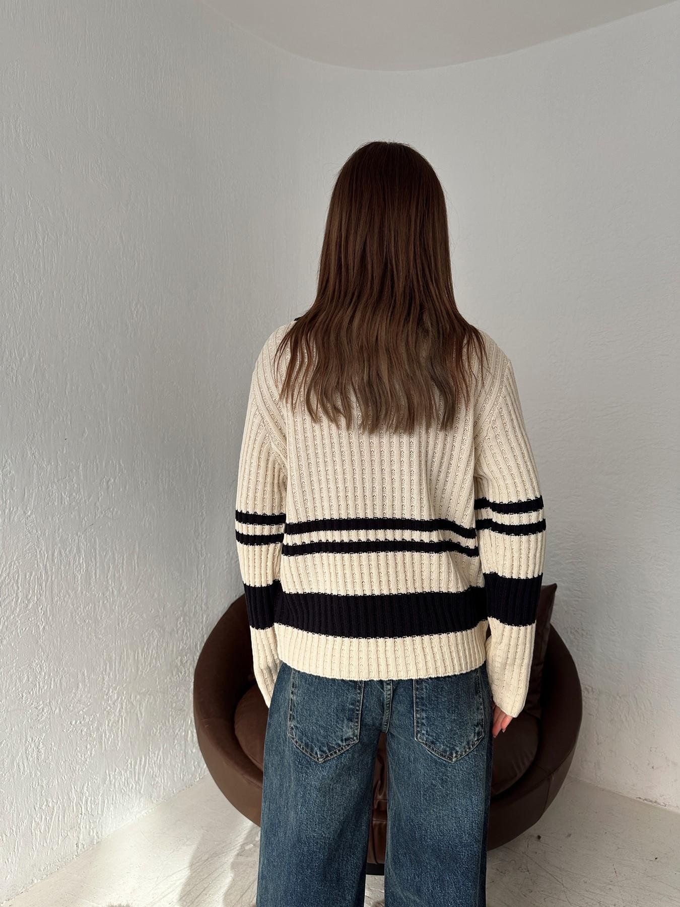 Polo Yaka Çizgili Düğmeli Kazak EKRU-LACİ