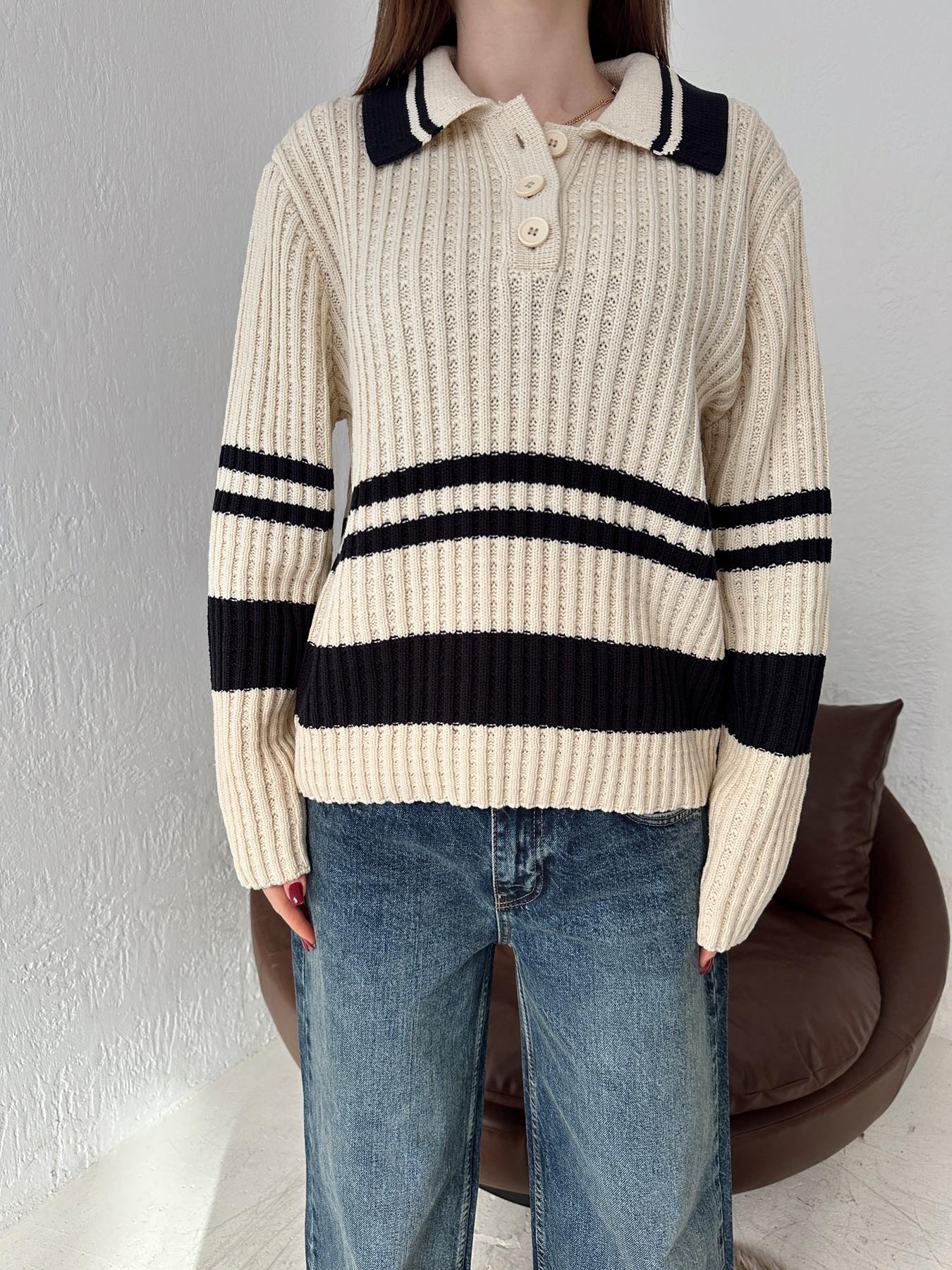 Polo Yaka Çizgili Düğmeli Kazak EKRU-LACİ