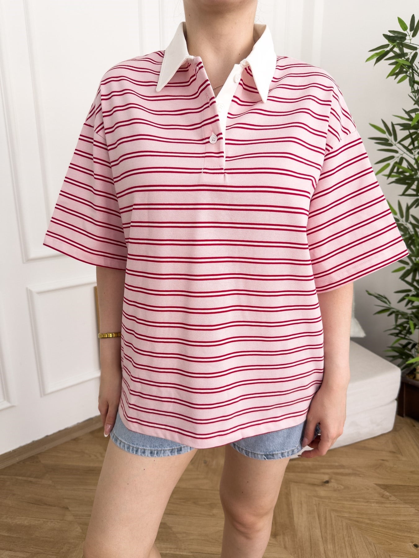 Polo Yaka Çizgili Oversize Tshırt Pembe-kırmızı