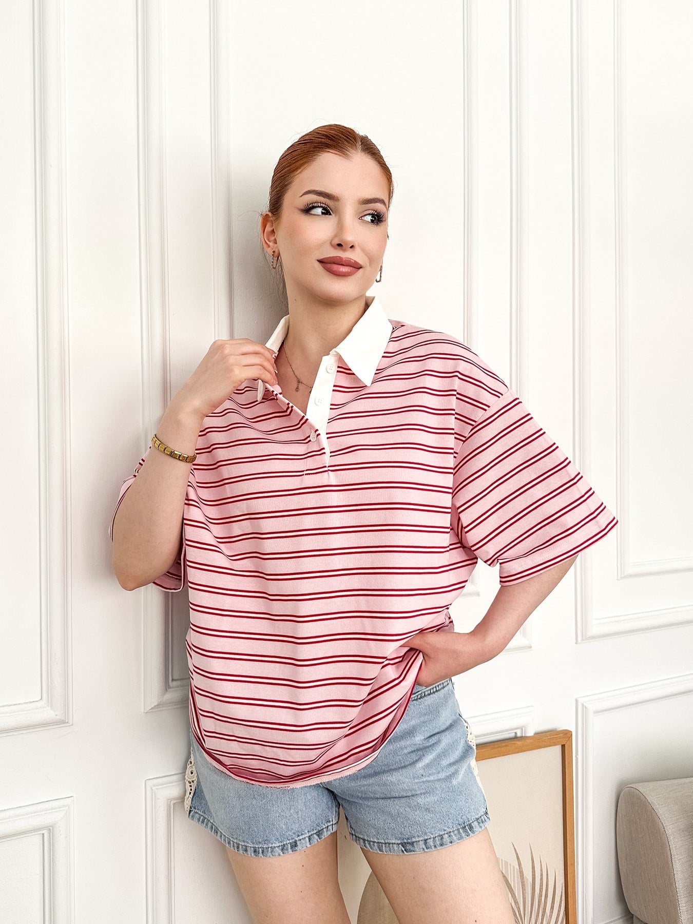 Polo Yaka Çizgili Oversize Tshırt Pembe-kırmızı