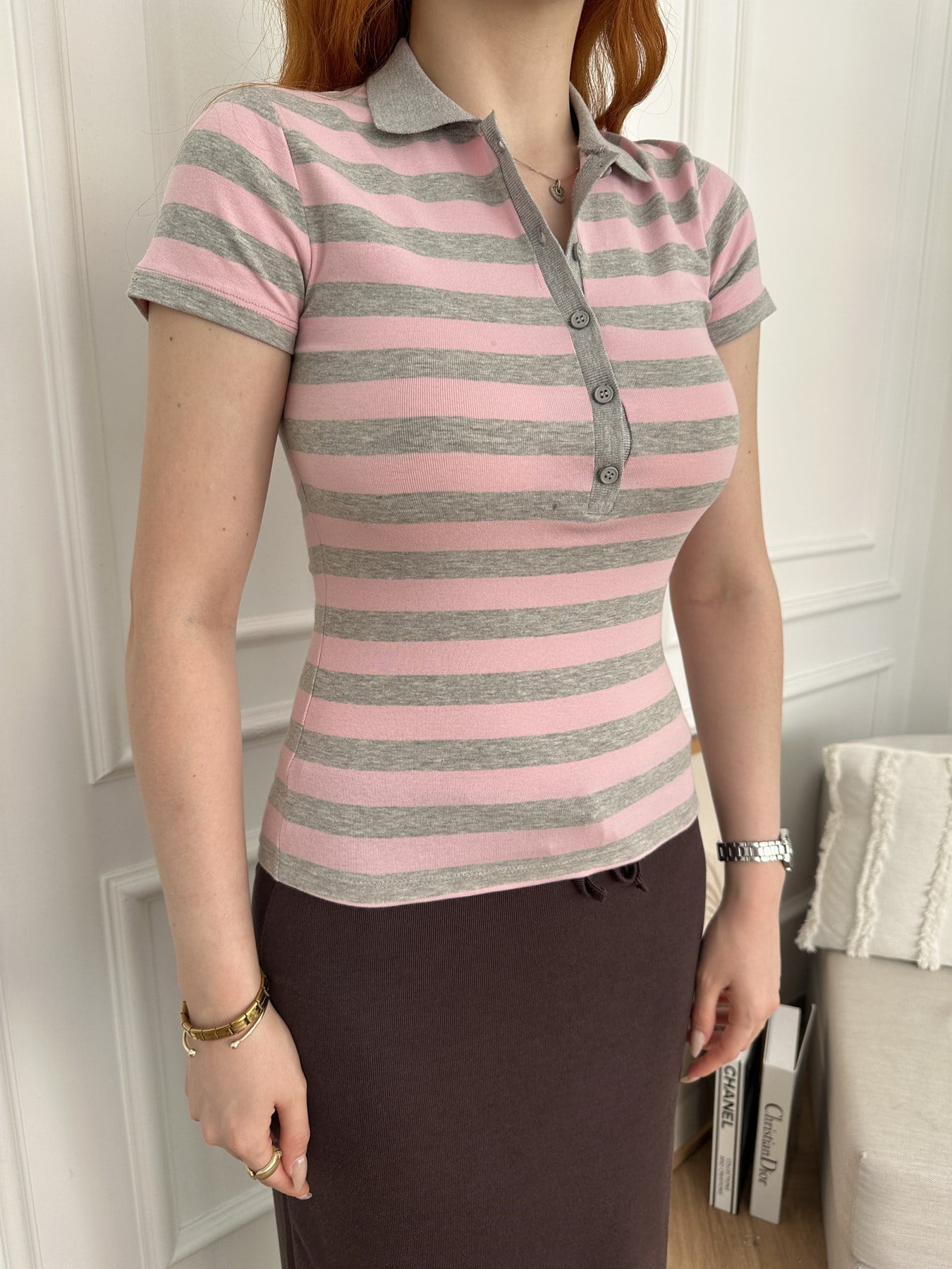 Polo Yaka Düğmeli Kalın Çizgili T-shirt Pembe-gri