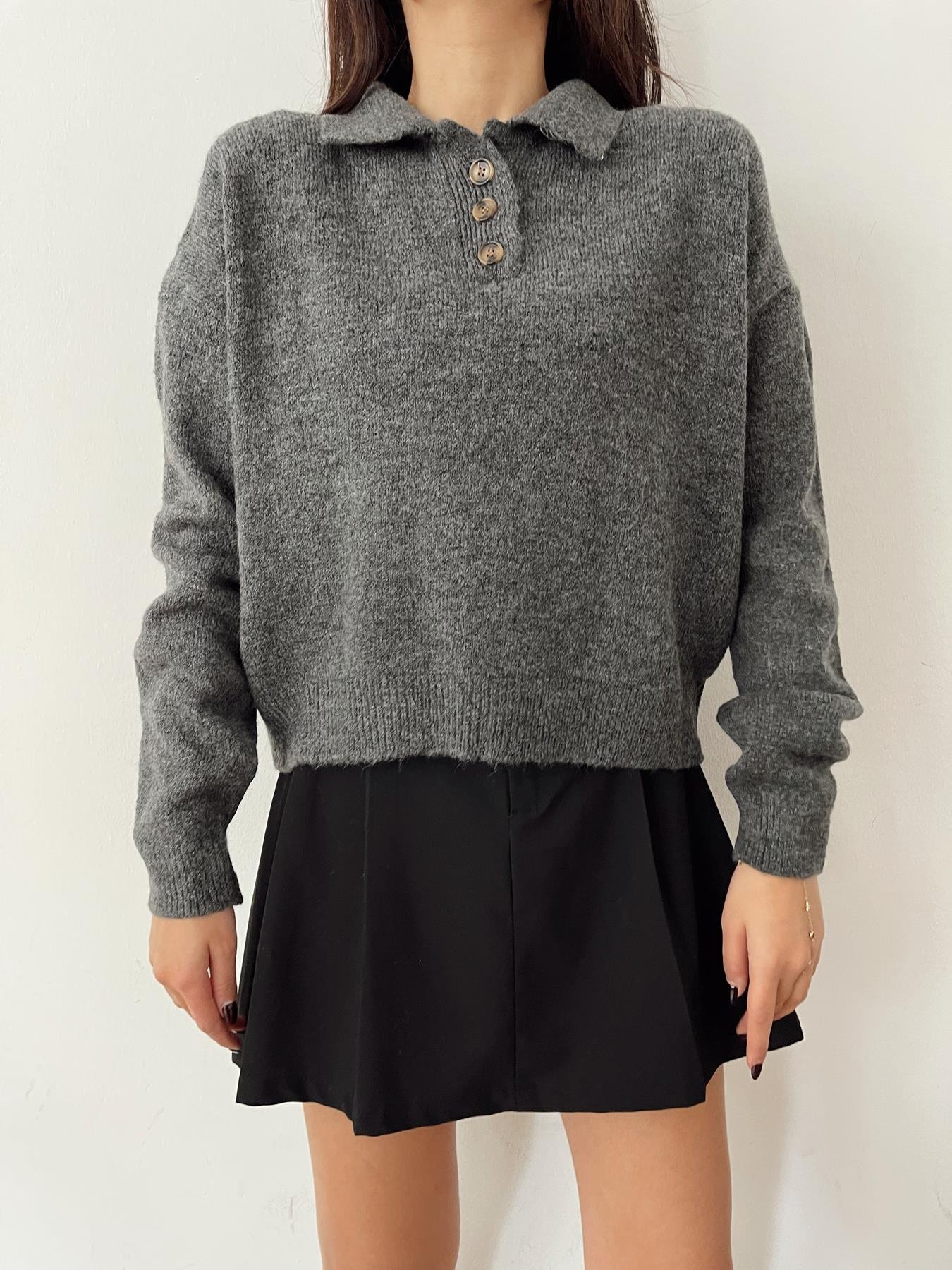 Polo Yaka Düğmeli Kazak ANTRASİT