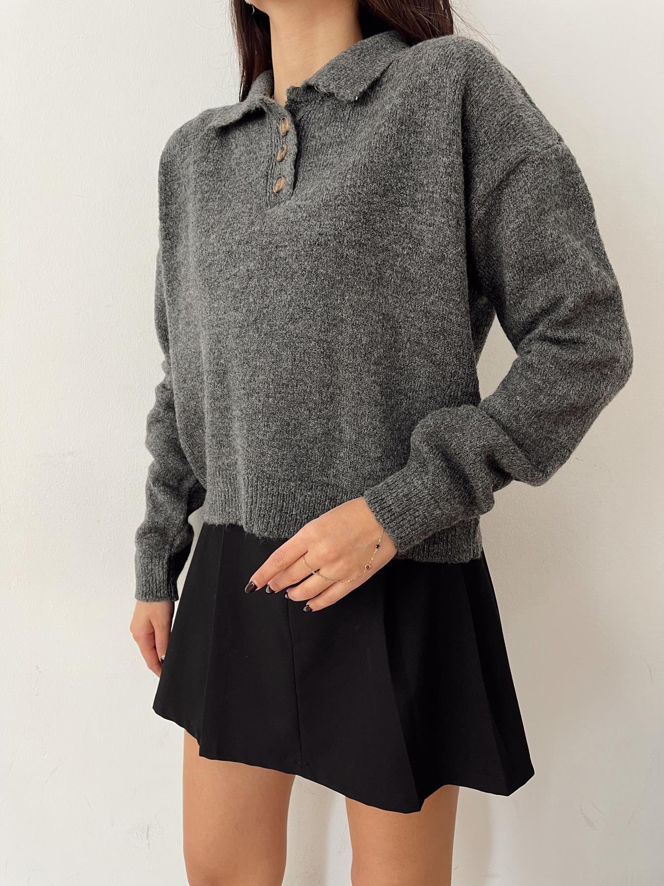 Polo Yaka Düğmeli Kazak ANTRASİT