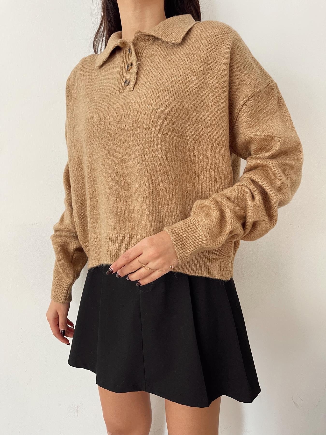 Polo Yaka Düğmeli Kazak CAMEL