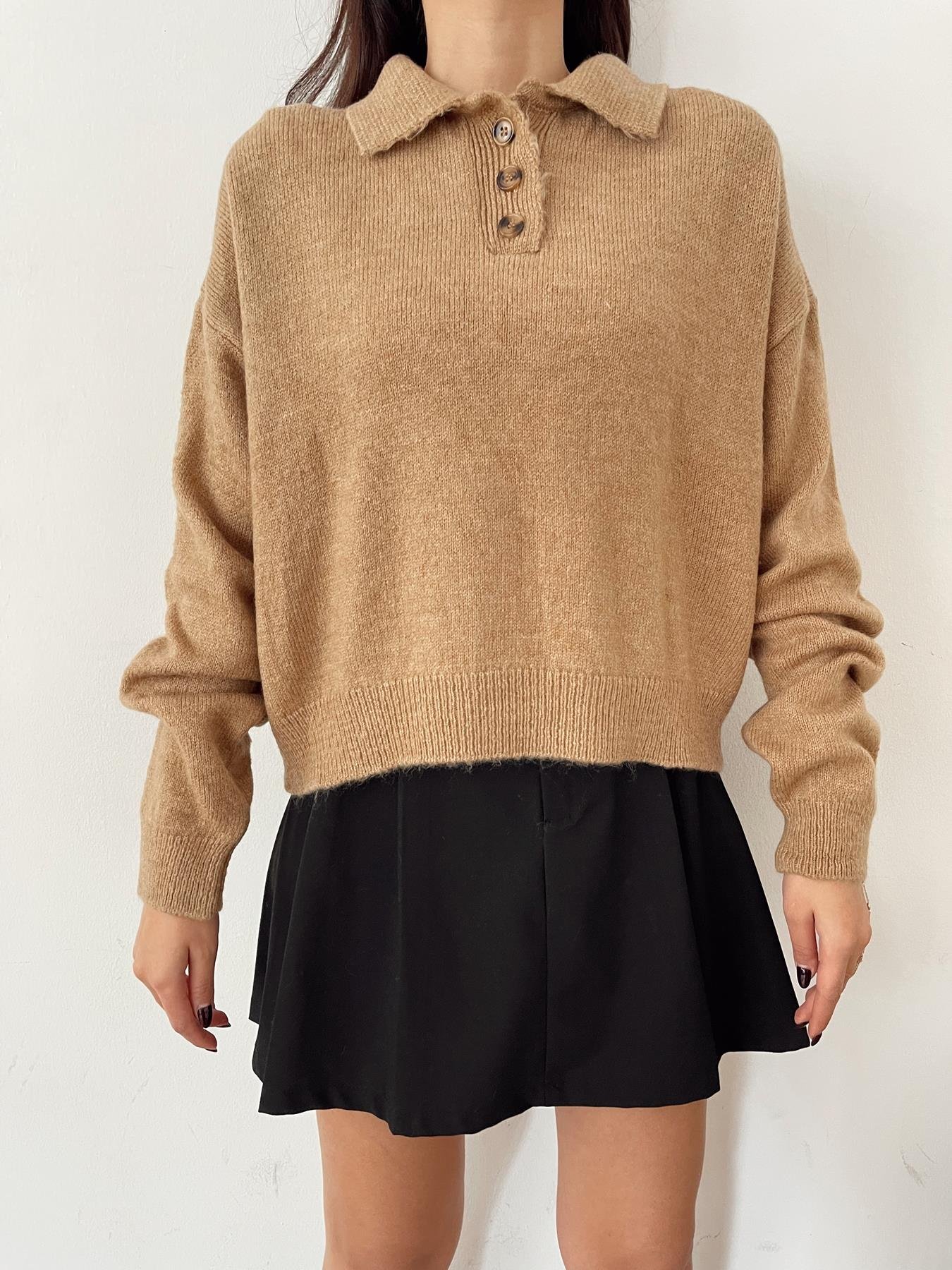 Polo Yaka Düğmeli Kazak CAMEL