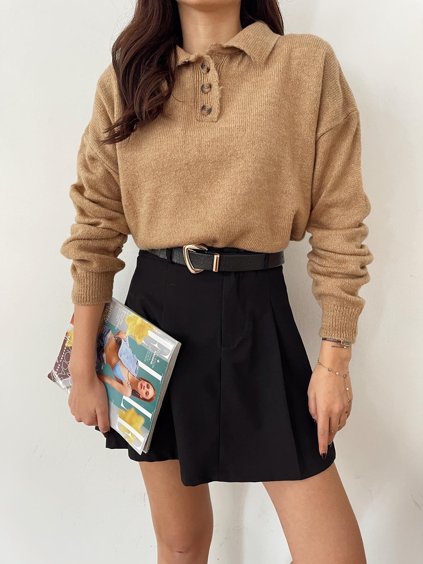 Polo Yaka Düğmeli Kazak CAMEL