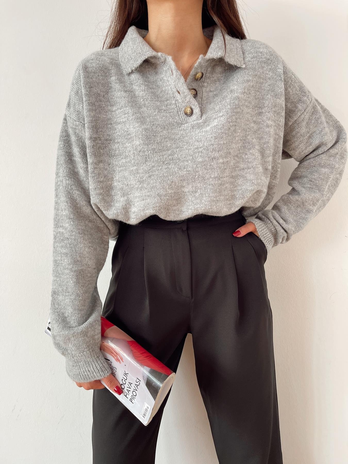 Polo Yaka Düğmeli Kazak GRİ