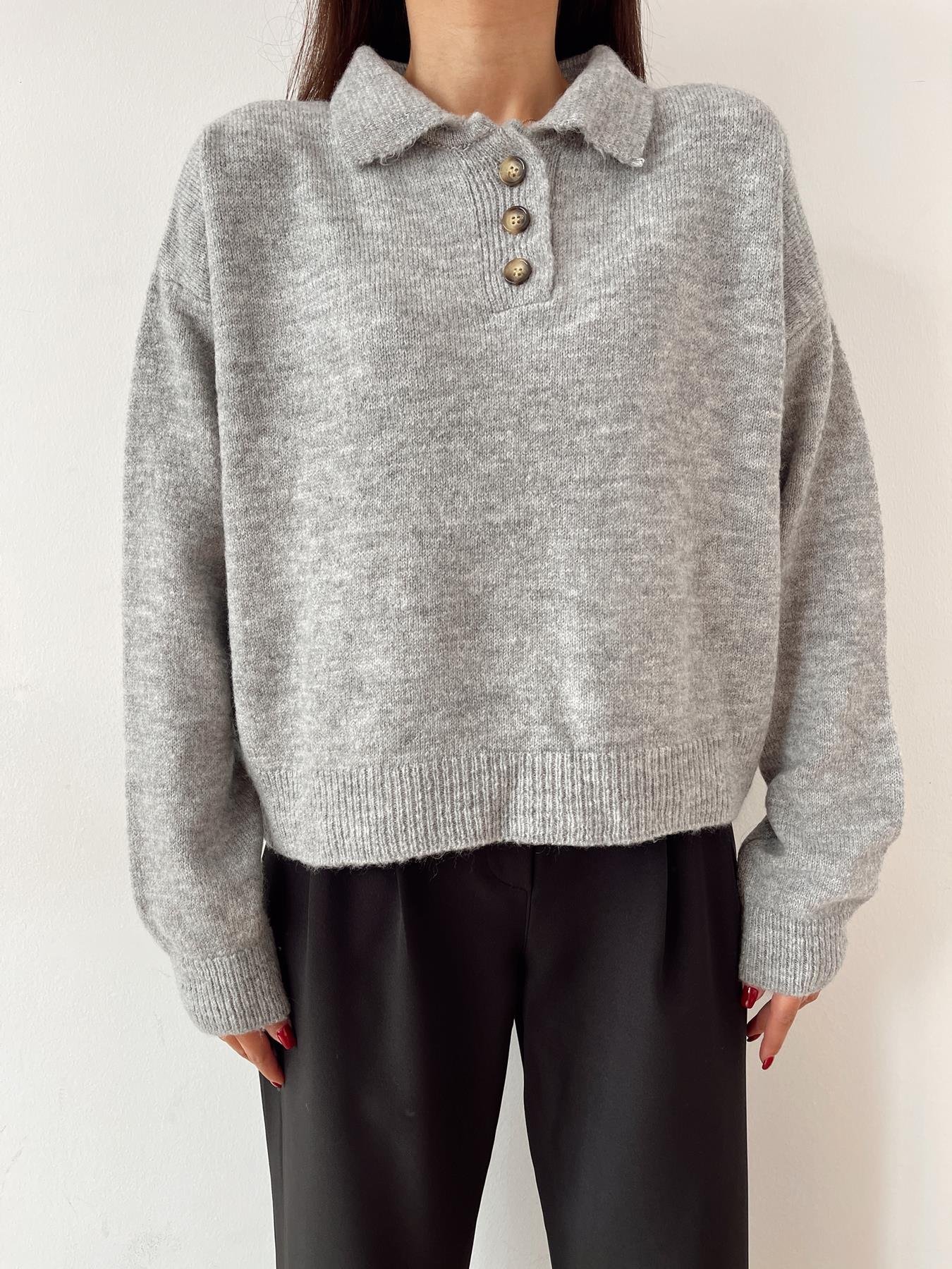 Polo Yaka Düğmeli Kazak GRİ