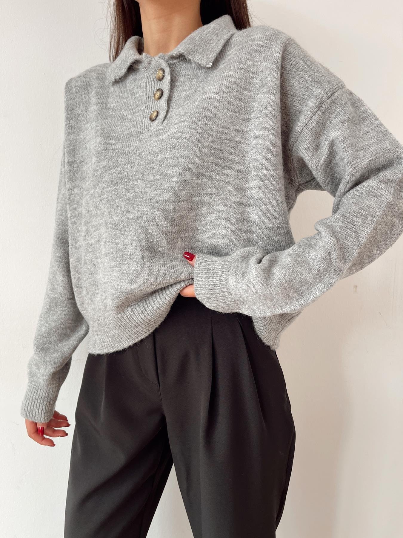 Polo Yaka Düğmeli Kazak GRİ