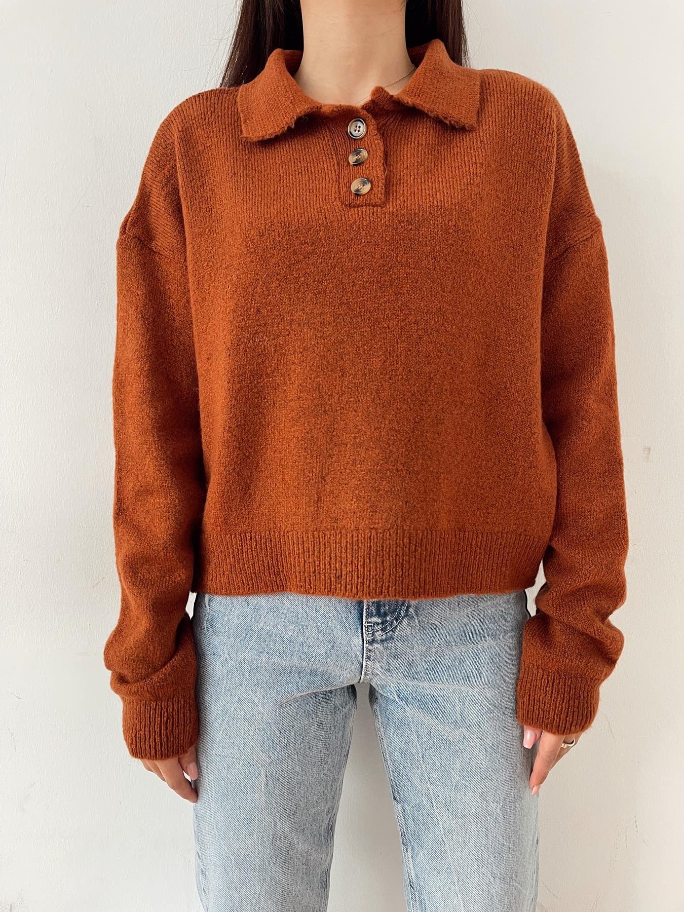 Polo Yaka Düğmeli Kazak KAHVE