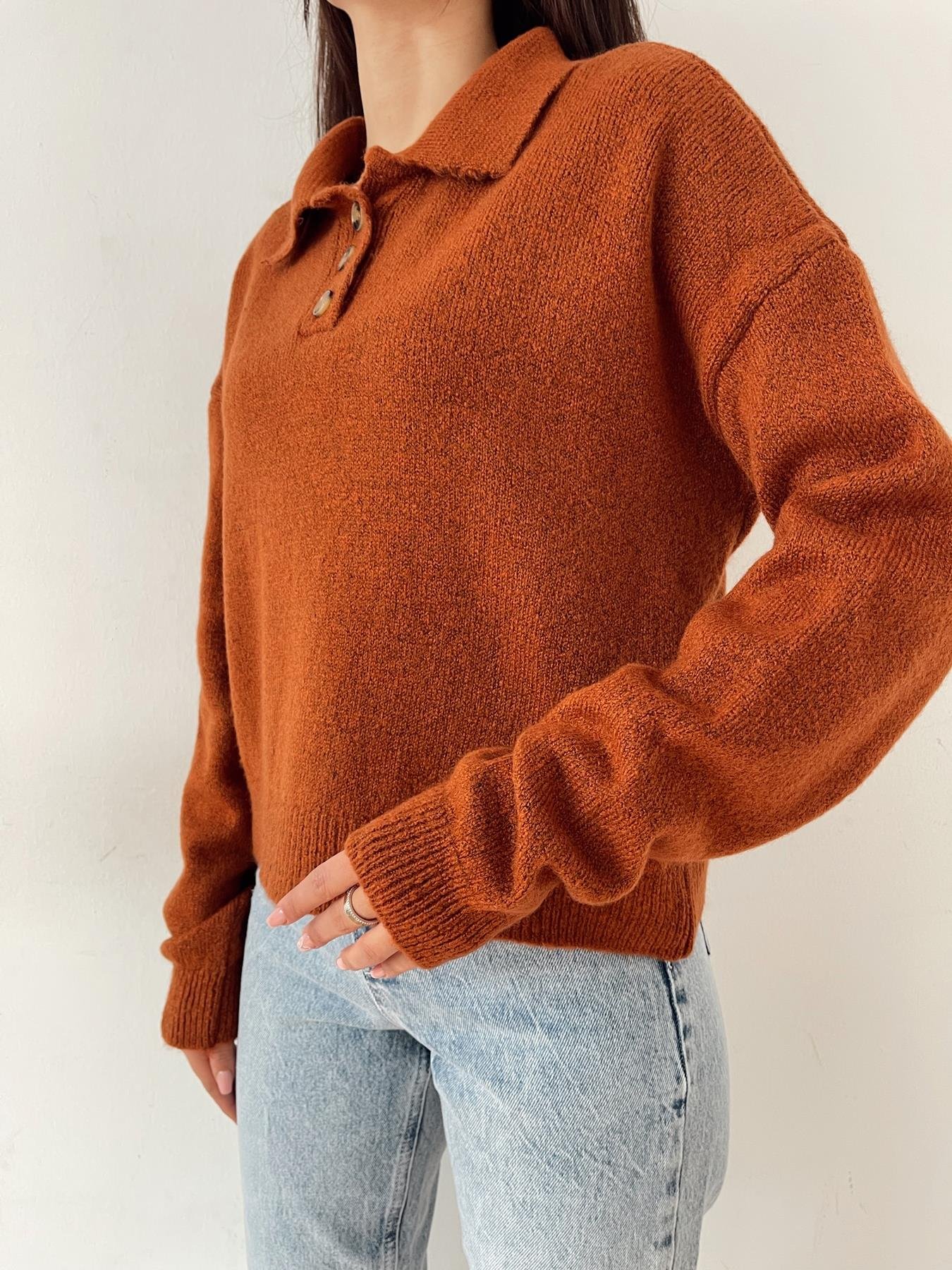 Polo Yaka Düğmeli Kazak KAHVE