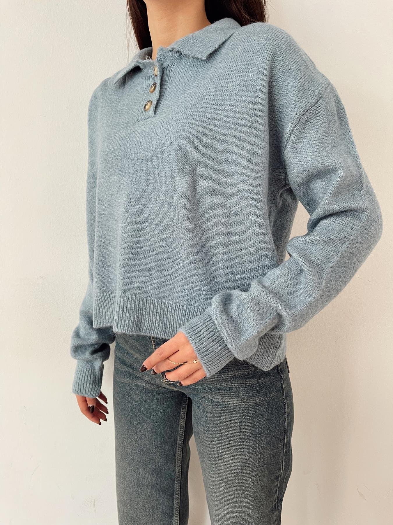 Polo Yaka Düğmeli Kazak MAVİ