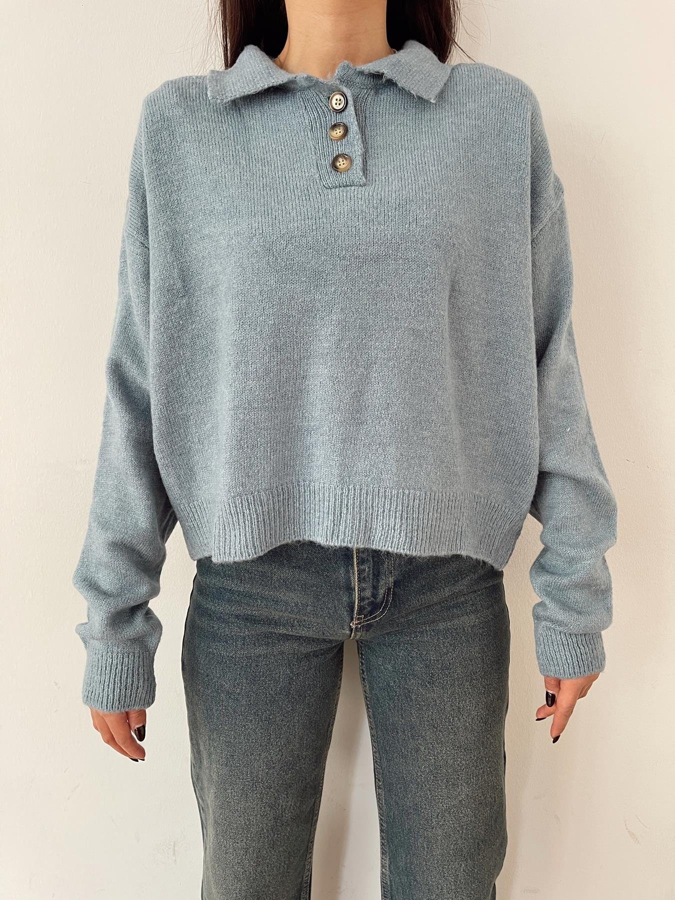 Polo Yaka Düğmeli Kazak MAVİ