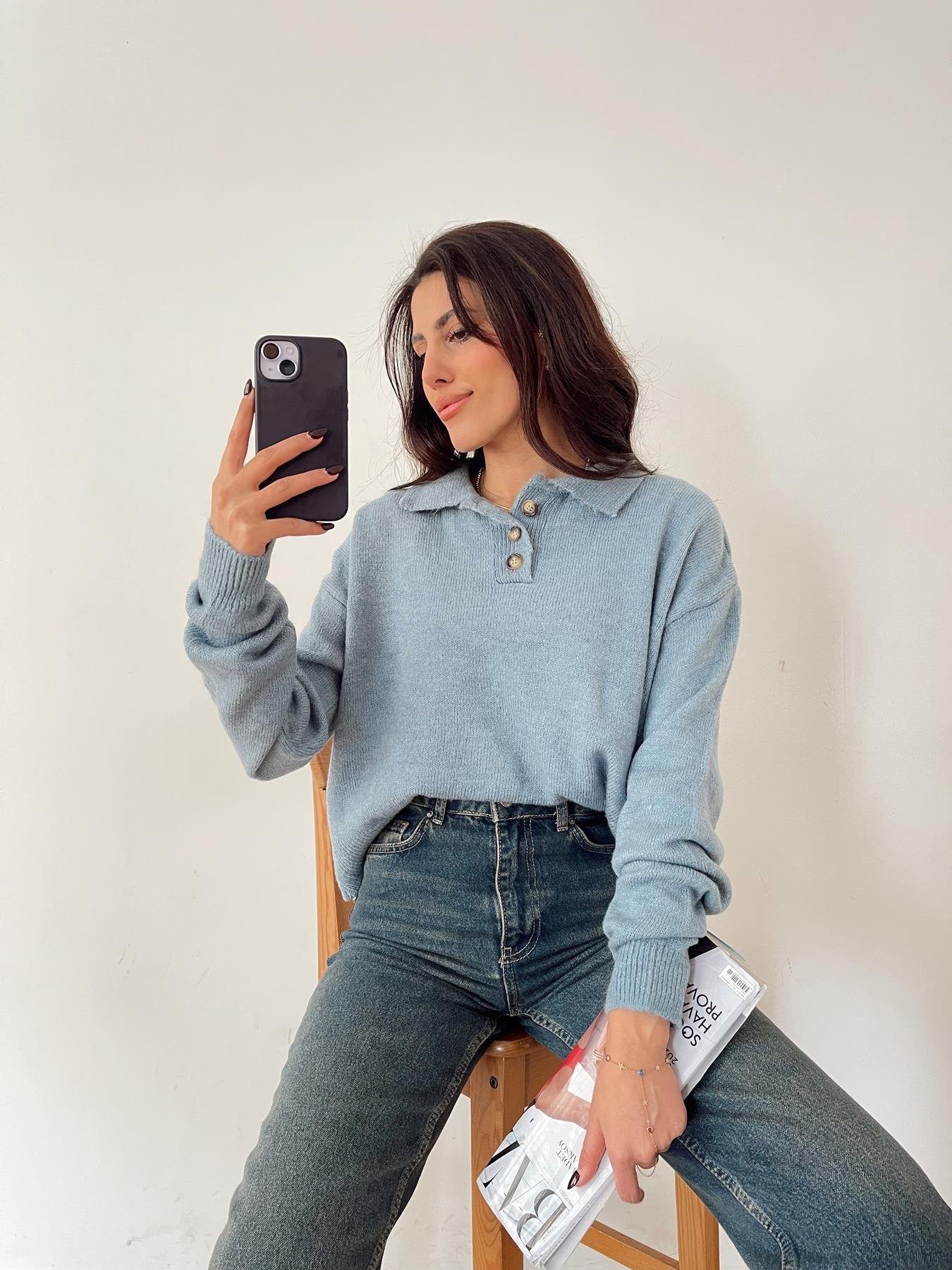 Polo Yaka Düğmeli Kazak MAVİ