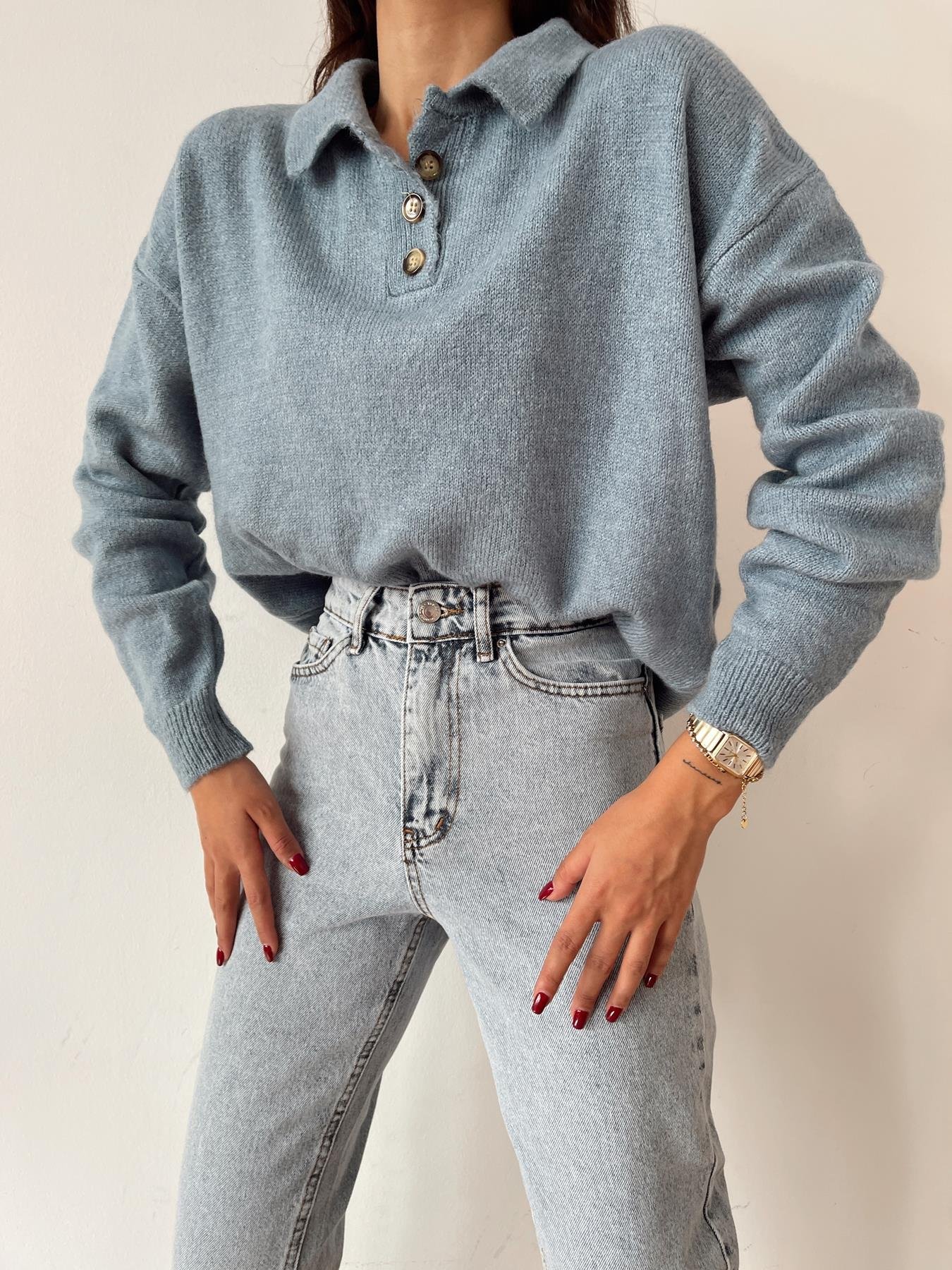 Polo Yaka Düğmeli Kazak MAVİ