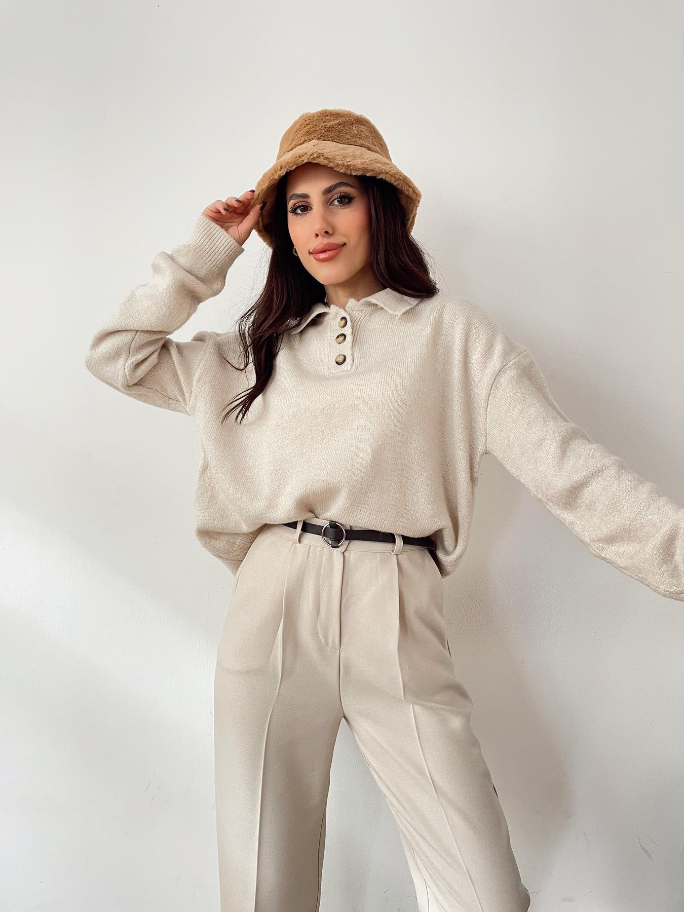 Polo Yaka Düğmeli Kazak TAŞ