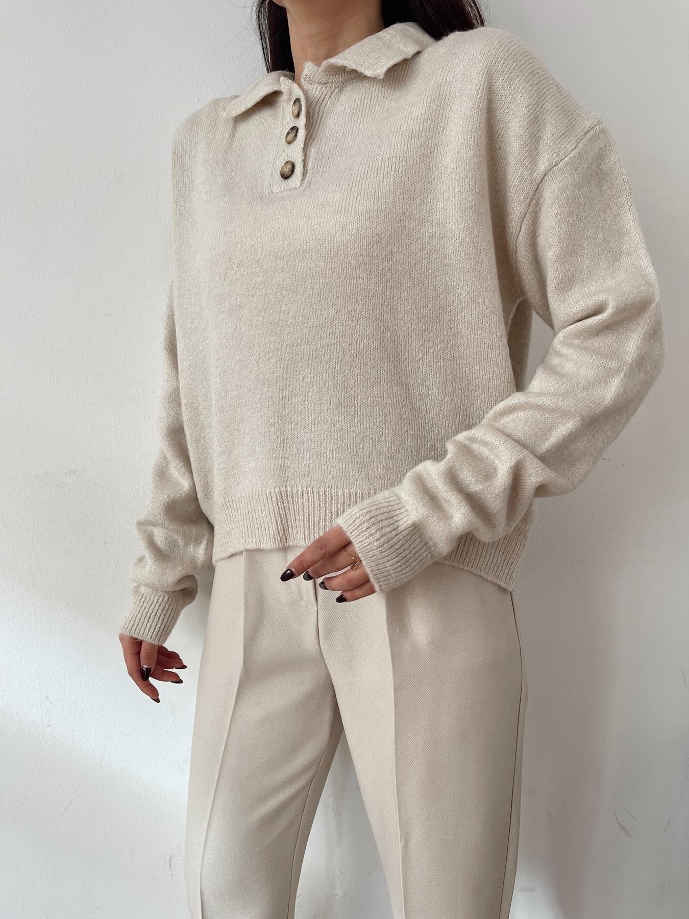 Polo Yaka Düğmeli Kazak TAŞ