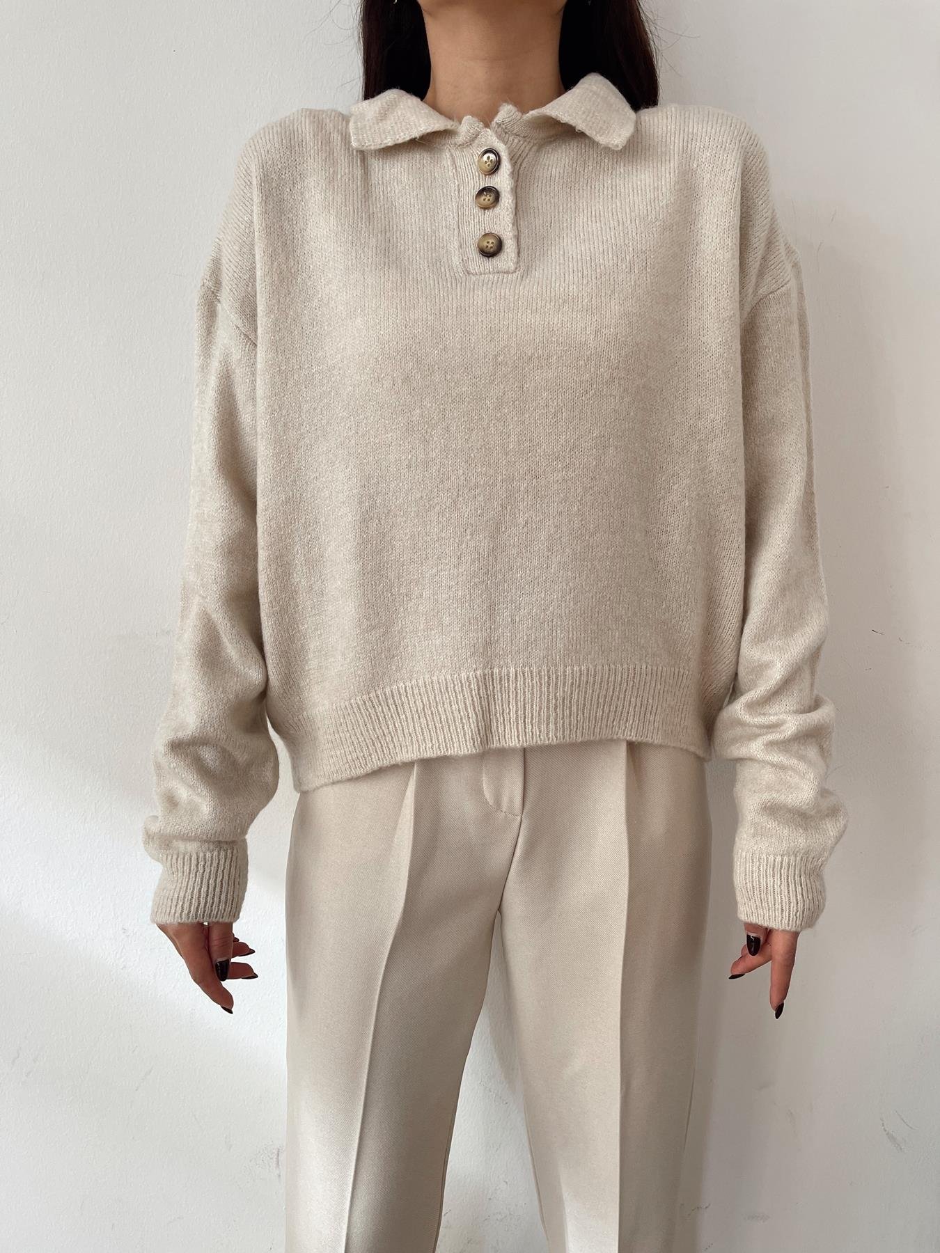 Polo Yaka Düğmeli Kazak TAŞ