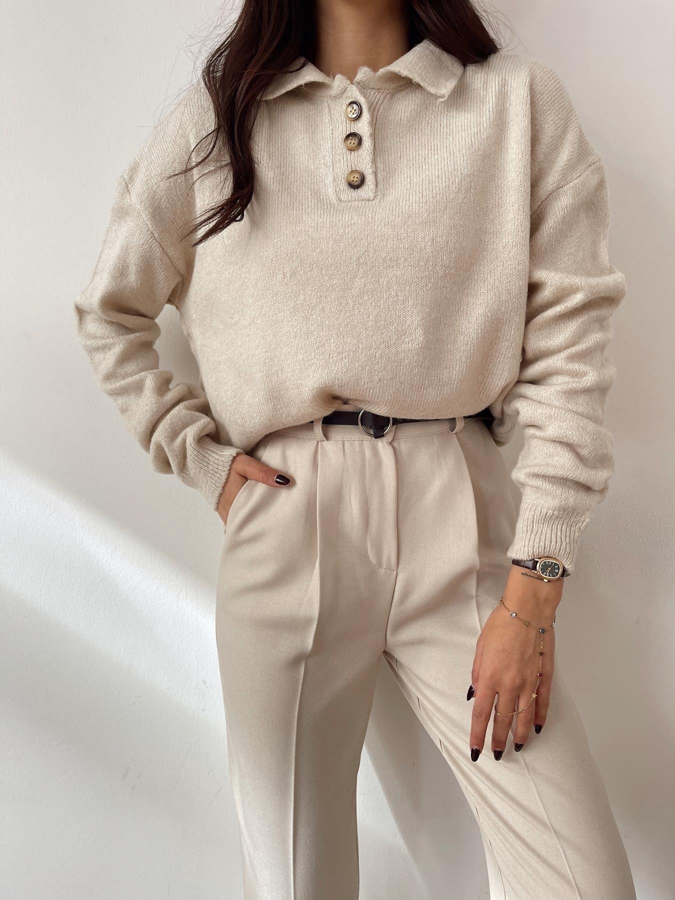 Polo Yaka Düğmeli Kazak TAŞ