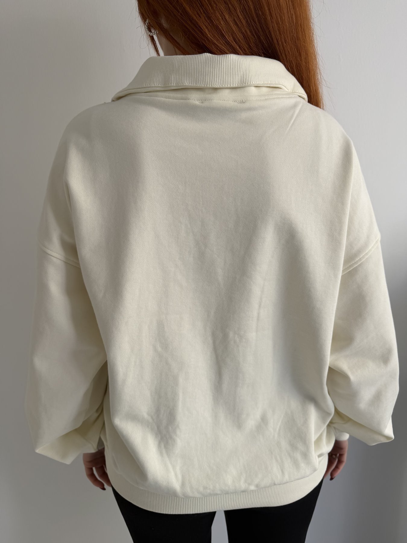 Polo Yaka Fermuarlı Oversize Sweatshırt Naturel