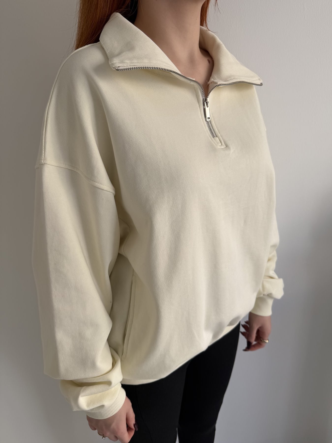Polo Yaka Fermuarlı Oversize Sweatshırt Naturel