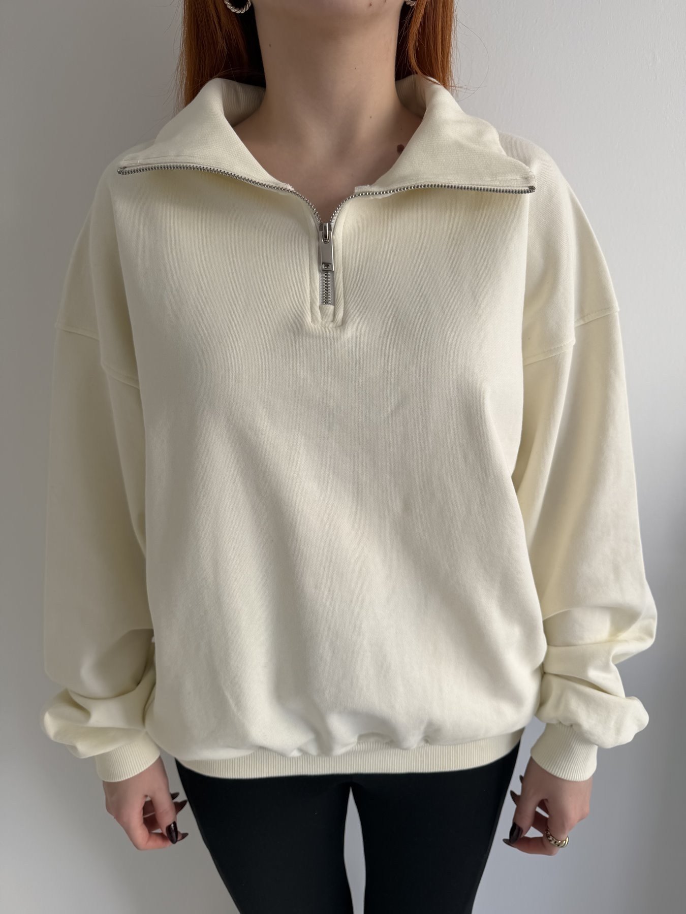 Polo Yaka Fermuarlı Oversize Sweatshırt Naturel