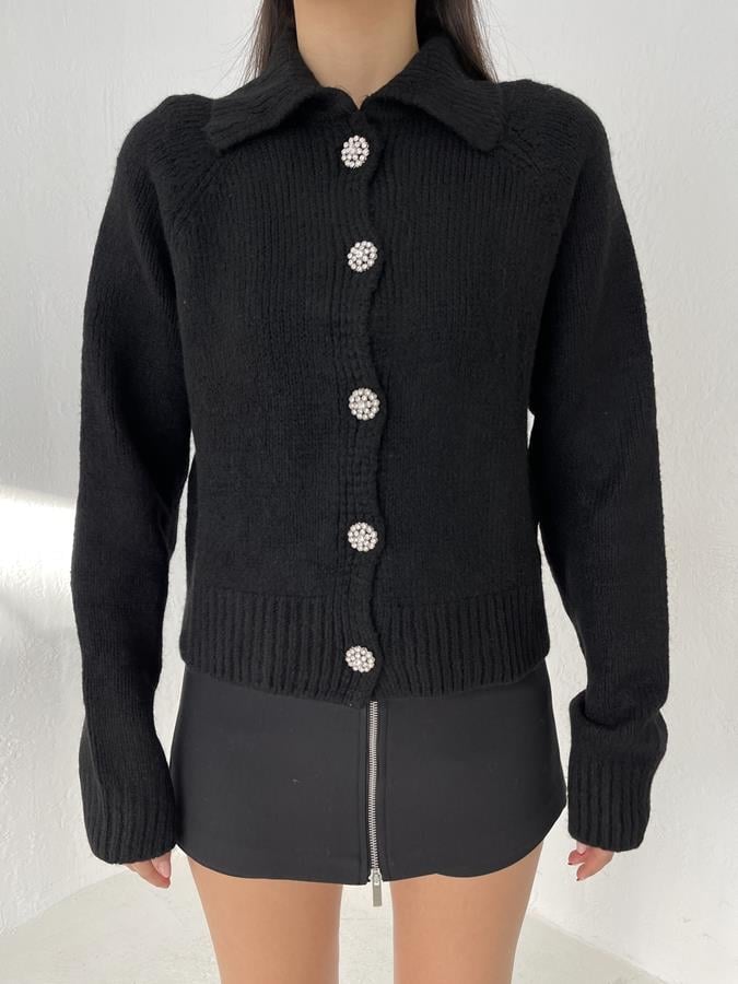 Polo Yaka Taş Düğmeli Hırka SİYAH