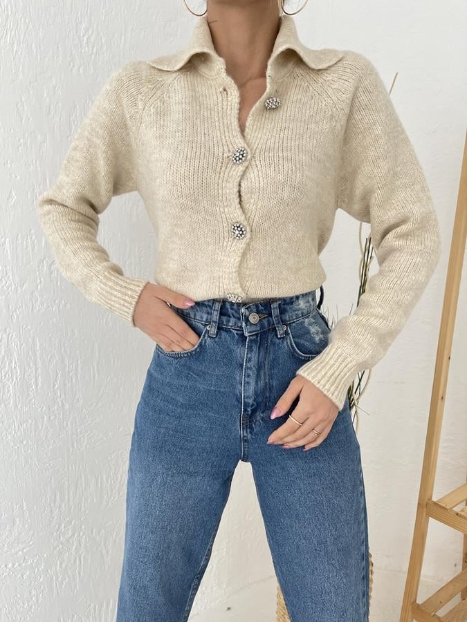 Polo Yaka Taş Düğmeli Hırka TAŞ