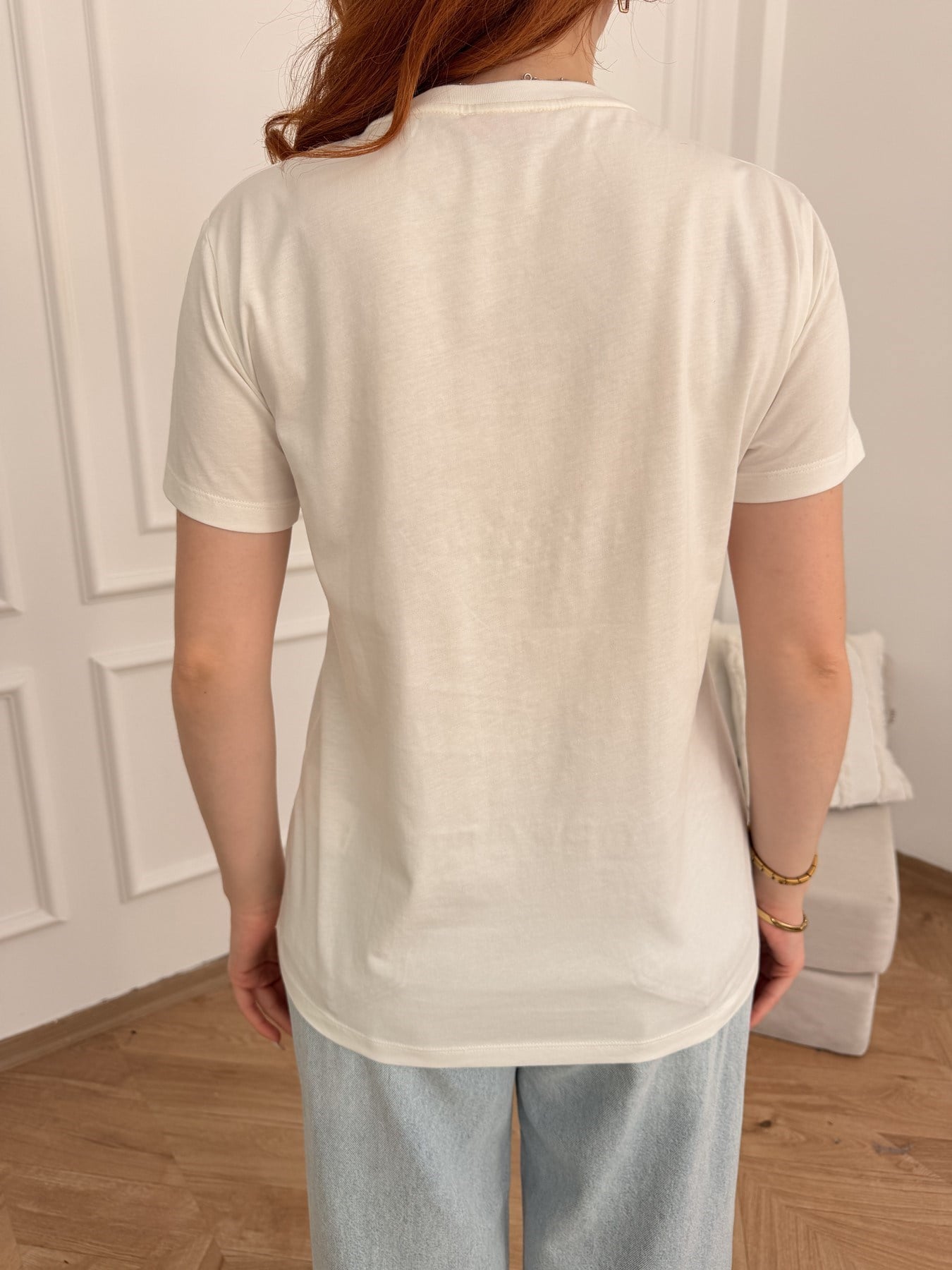 Pop Corn Nakışlı İnci Detaylı T-shirt Ekru