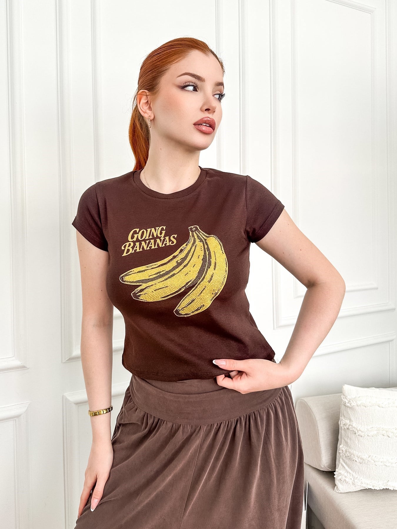 Pullu Muz Baskılı T-shirt Acı kahve