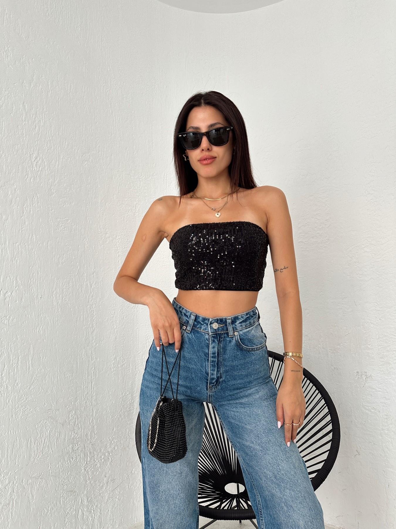 Pullu Straplez Bluz SİYAH