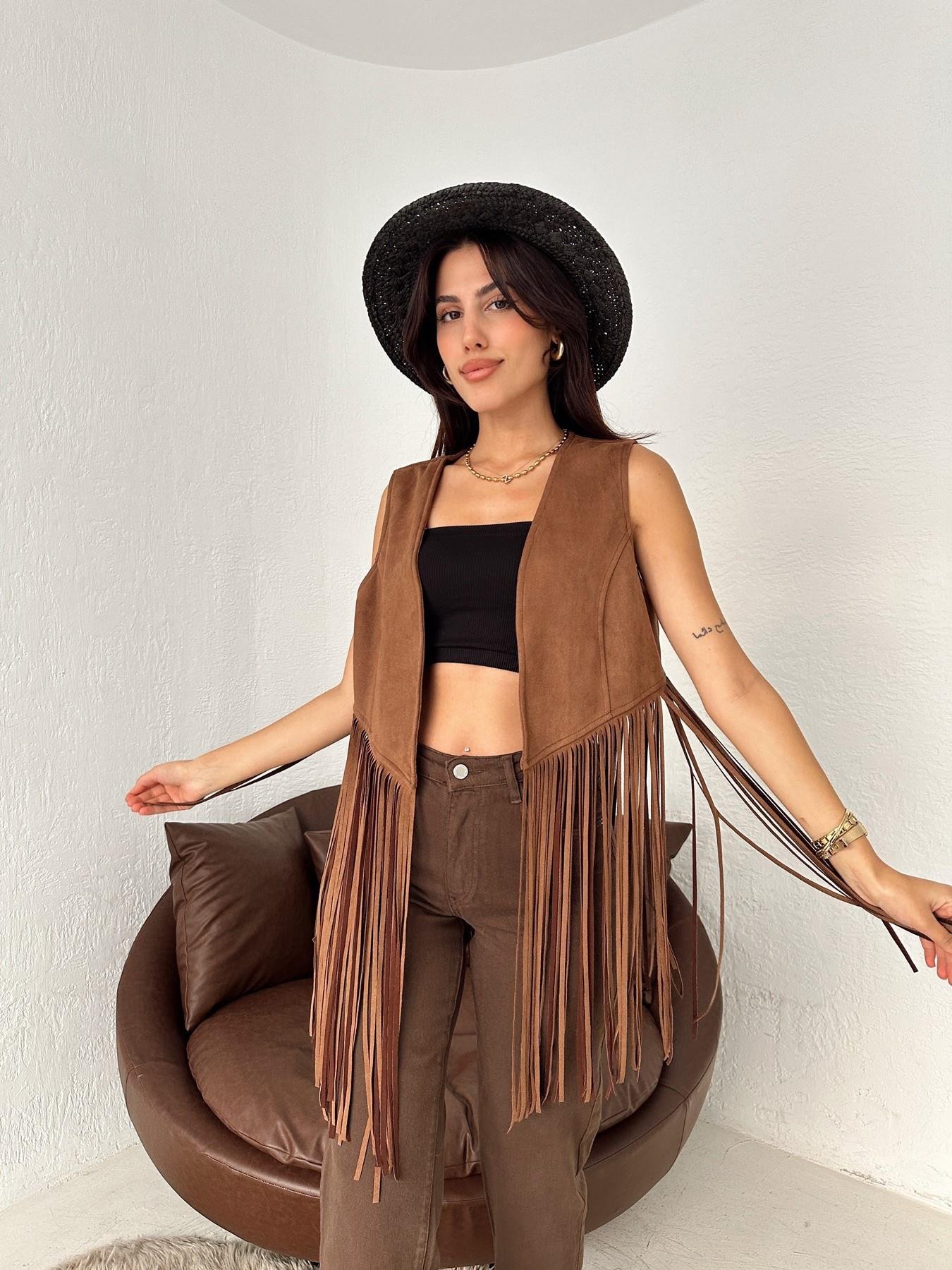 Püsküllü Süet Yelek KAHVE