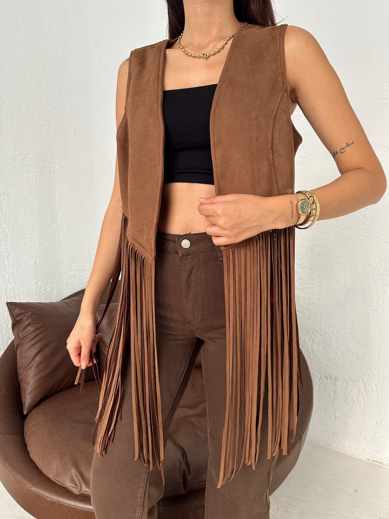 Püsküllü Süet Yelek KAHVE