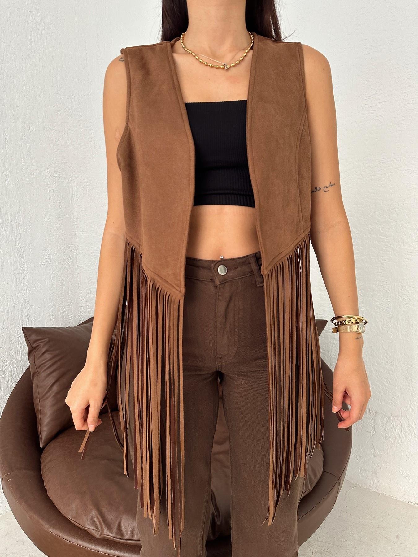 Püsküllü Süet Yelek KAHVE