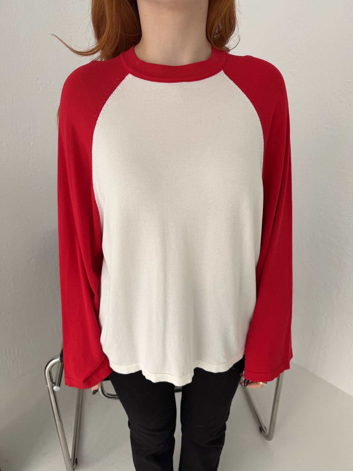 Reglan Kol Çift Renk Triko Ekru-kırmızı