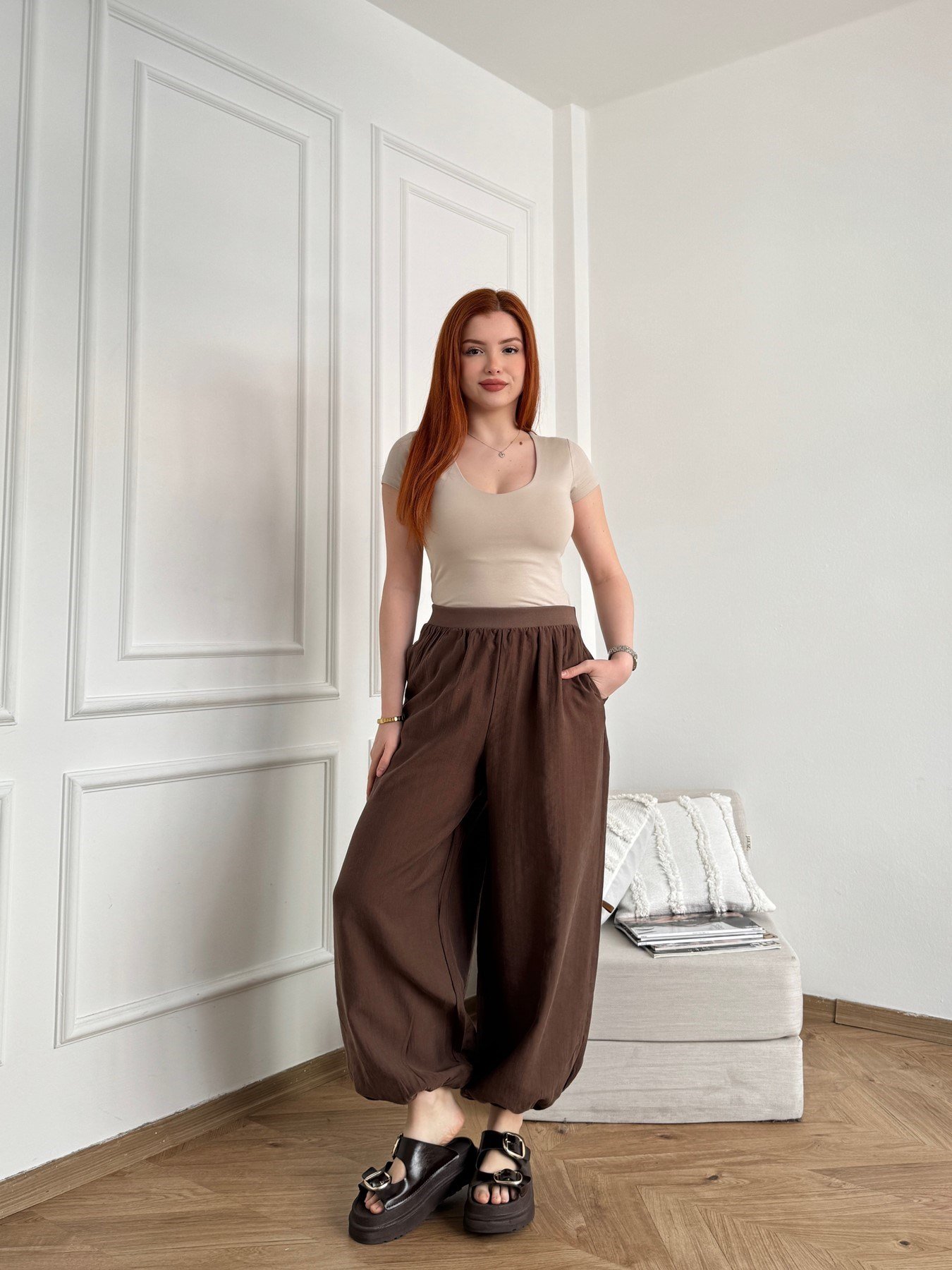Ribana Belli Paça Lastikli Relax Pantolon Kahve