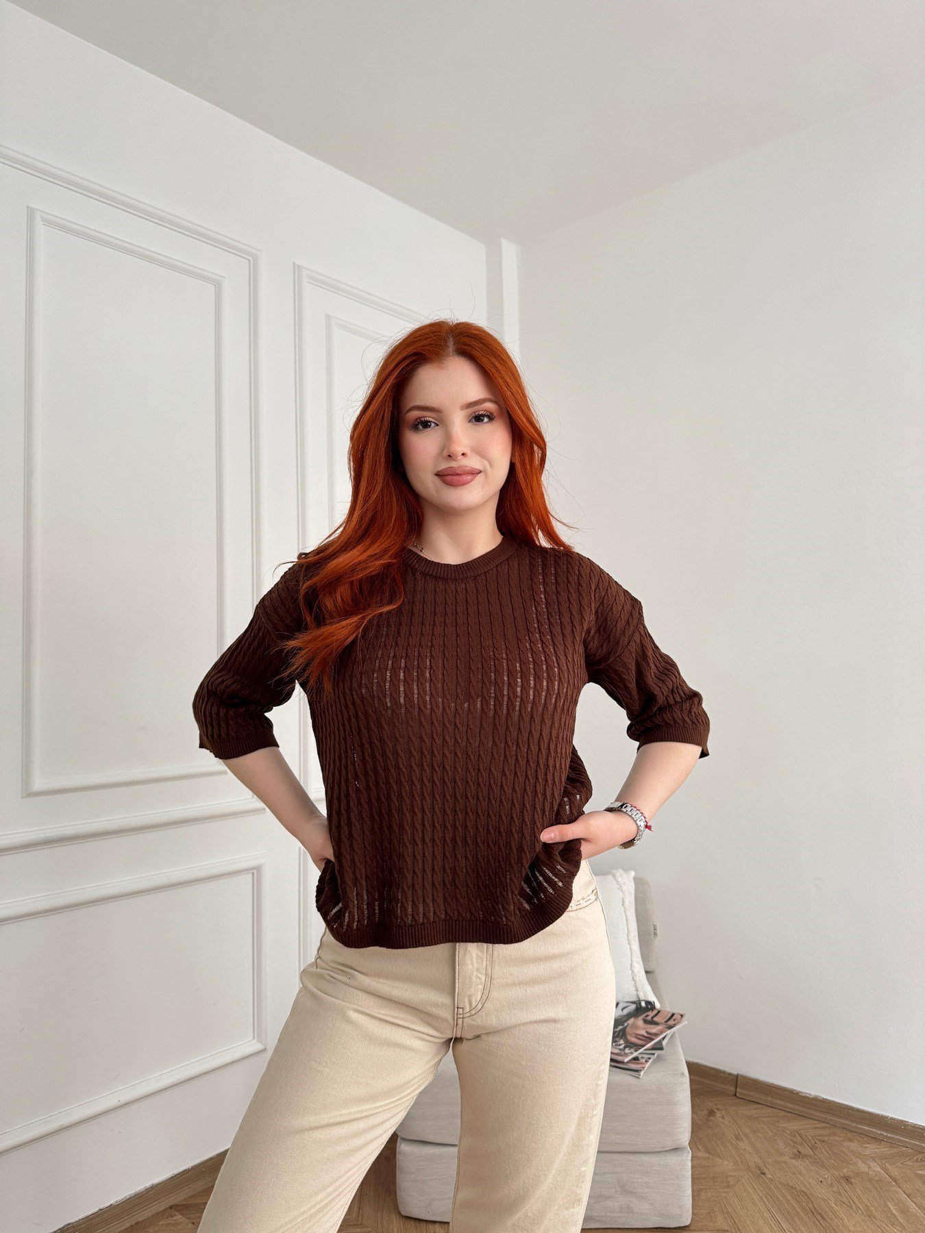 Saç Örgü Kısa Kol Triko Acı kahve