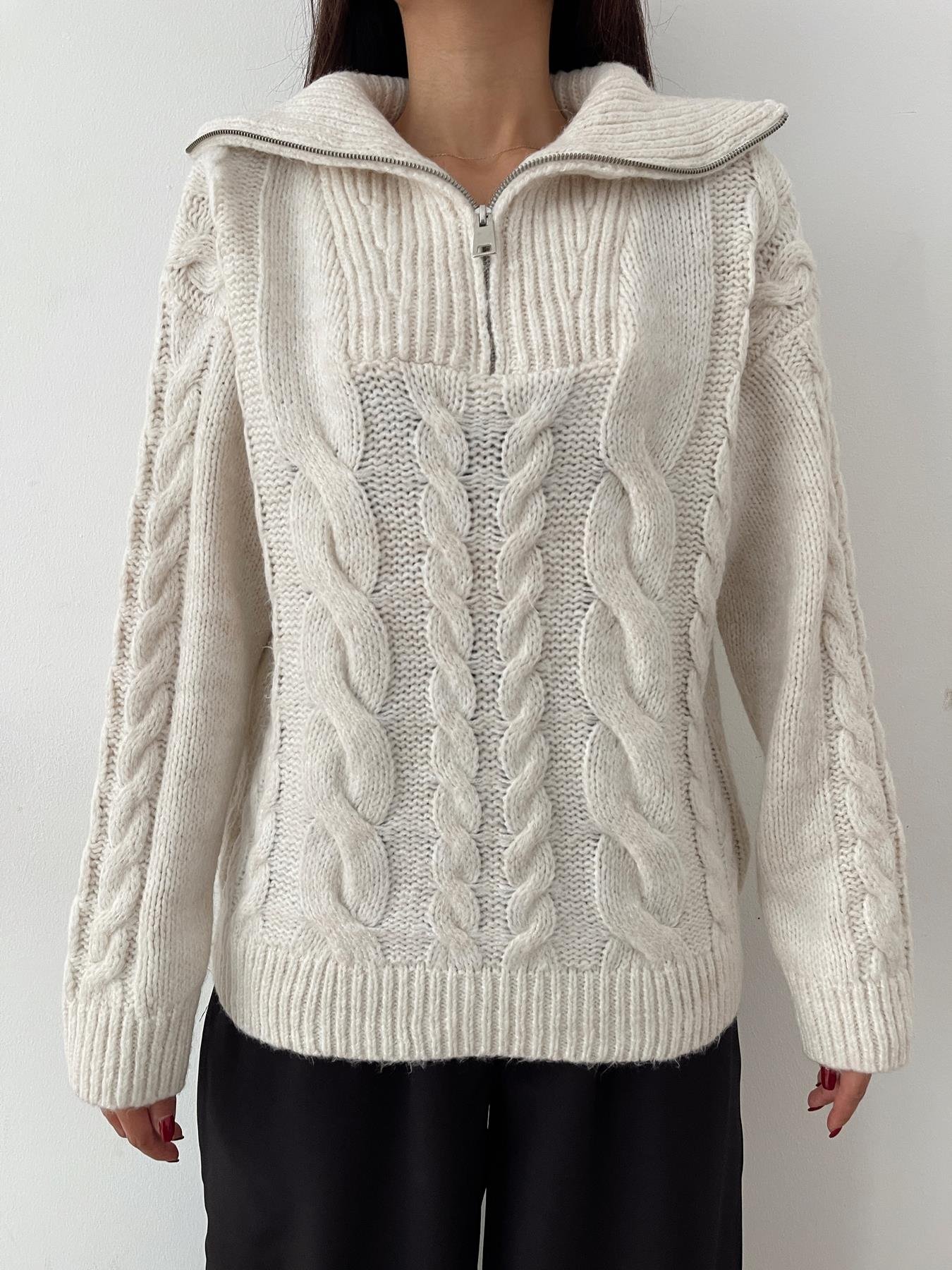 Saç Örgü Polo Yaka Kazak KREM