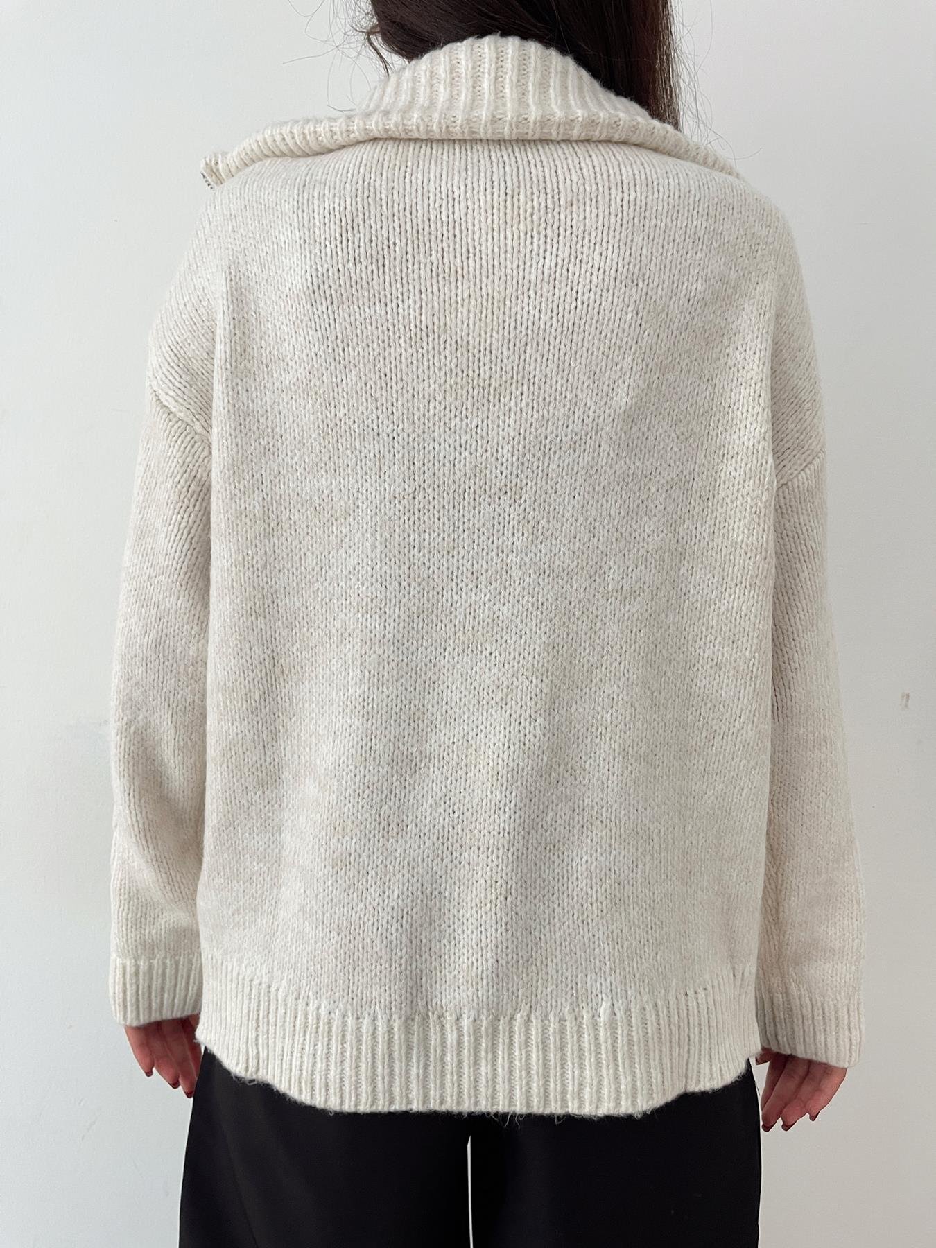 Saç Örgü Polo Yaka Kazak KREM