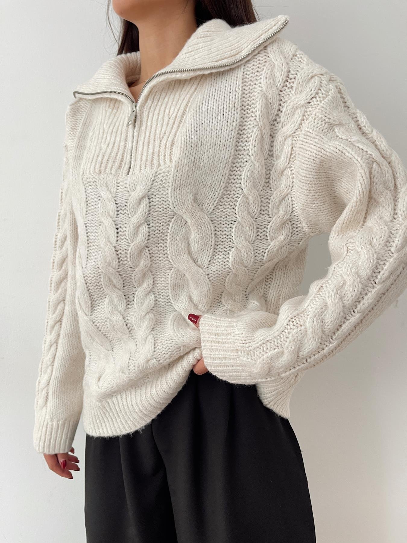 Saç Örgü Polo Yaka Kazak KREM