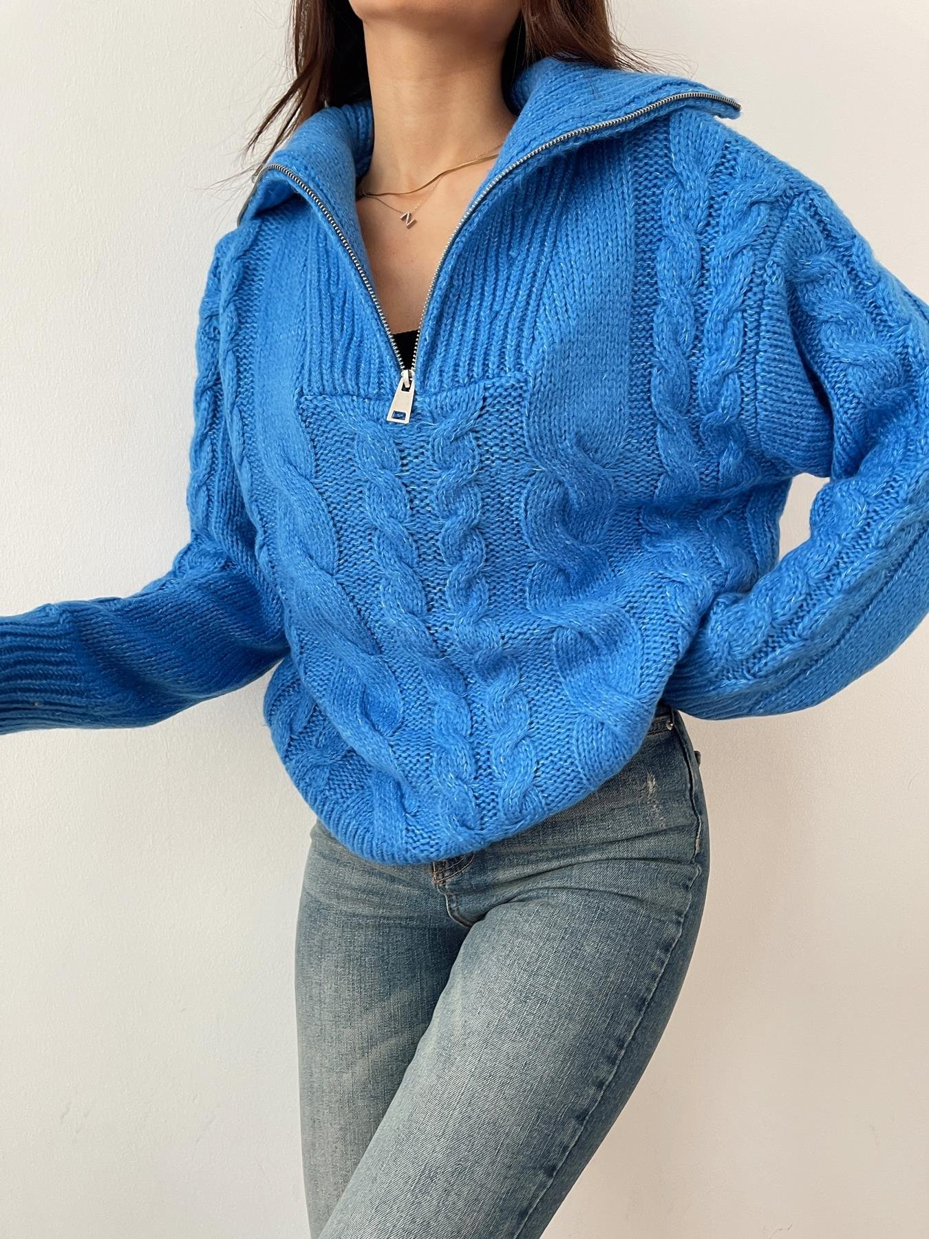 Saç Örgü Polo Yaka Kazak MAVİ