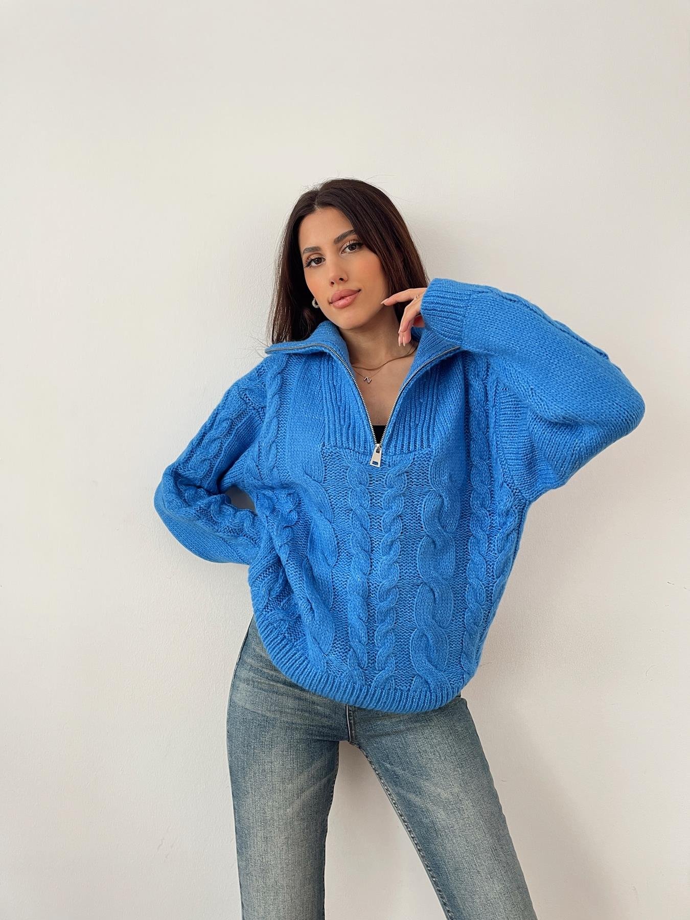 Saç Örgü Polo Yaka Kazak MAVİ