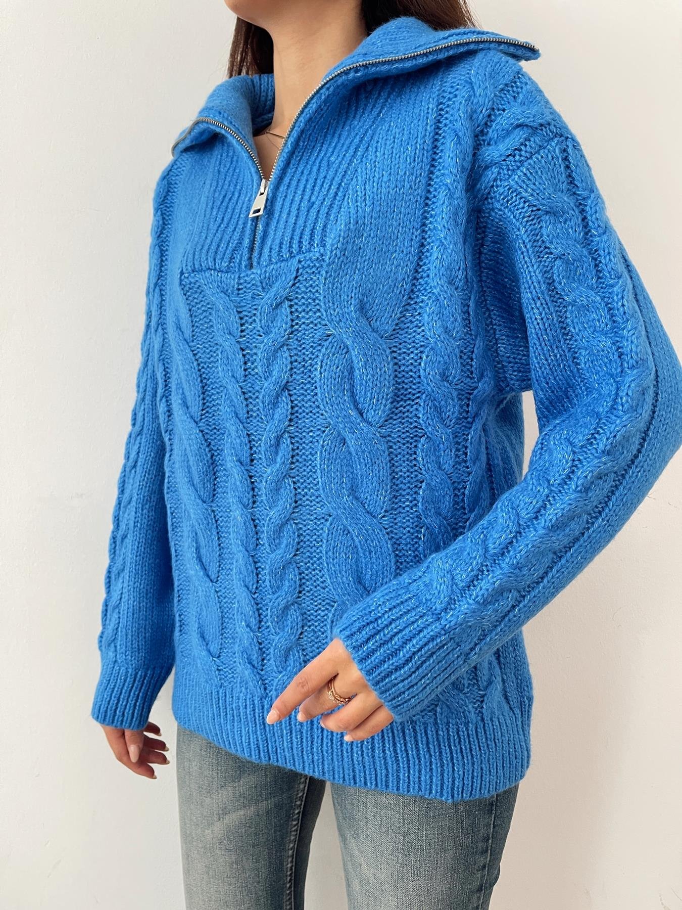 Saç Örgü Polo Yaka Kazak MAVİ