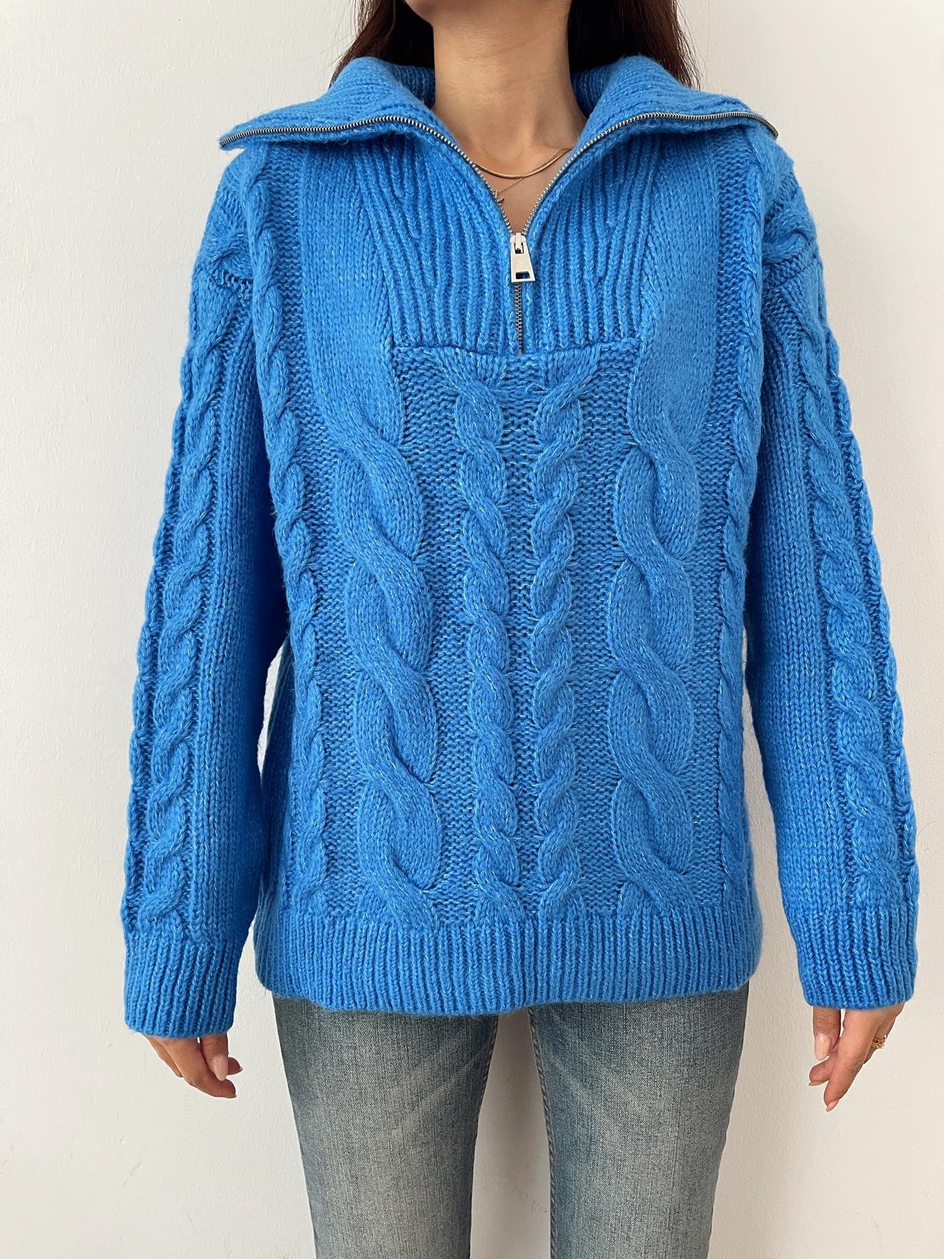 Saç Örgü Polo Yaka Kazak MAVİ