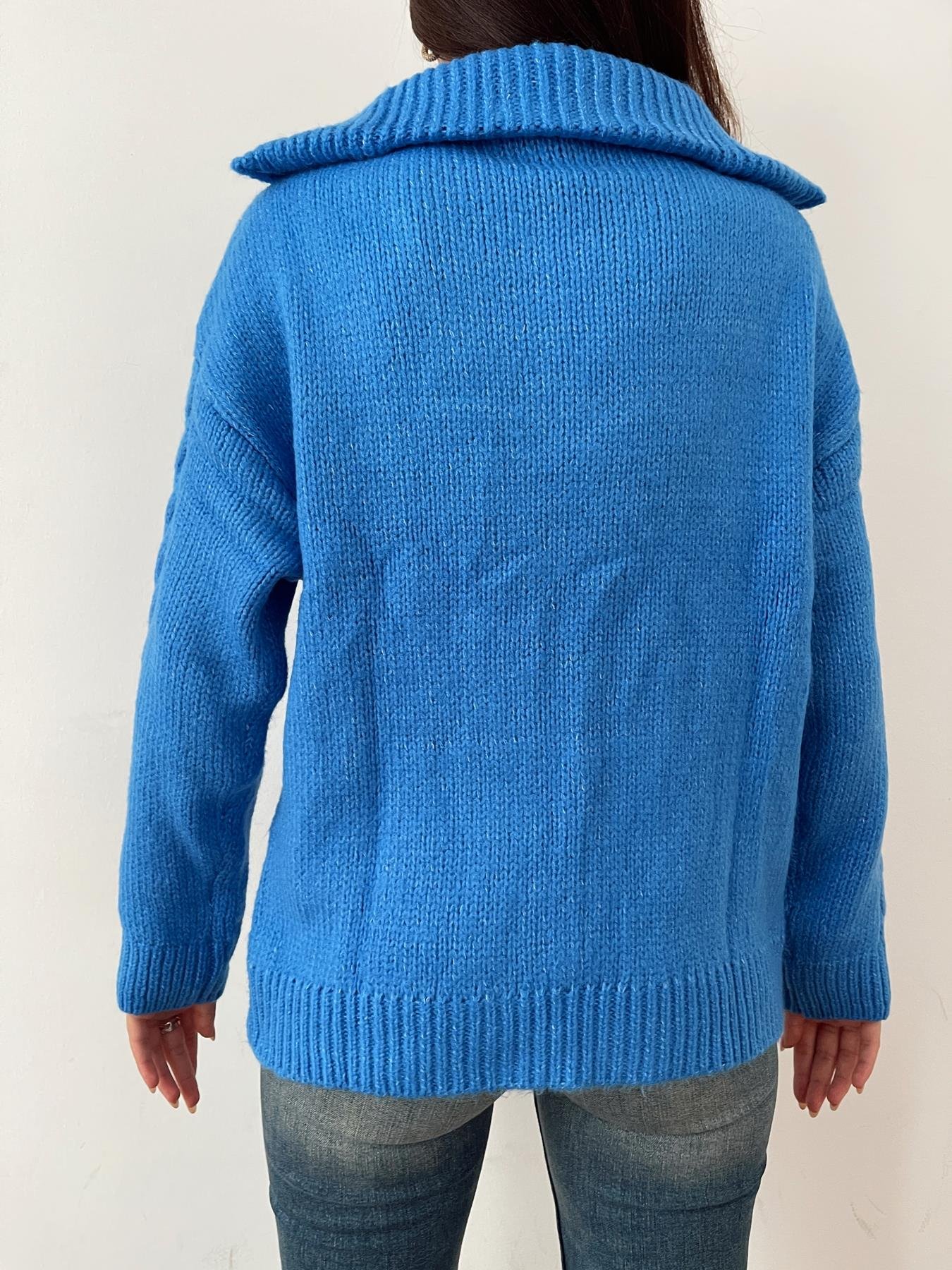 Saç Örgü Polo Yaka Kazak MAVİ