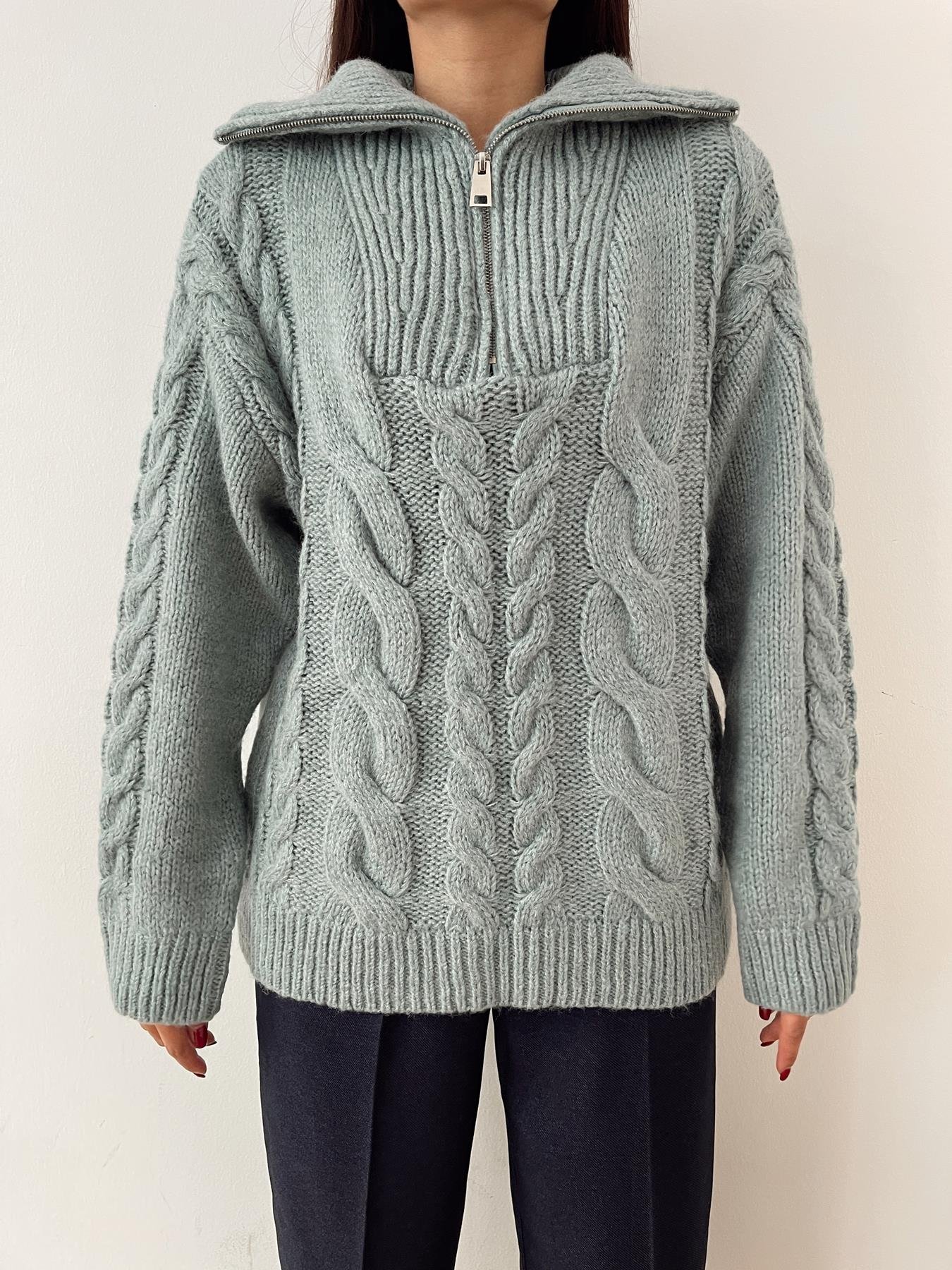 Saç Örgü Polo Yaka Kazak MİNT