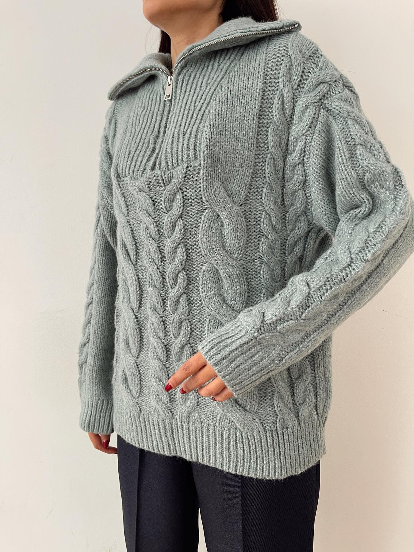 Saç Örgü Polo Yaka Kazak MİNT