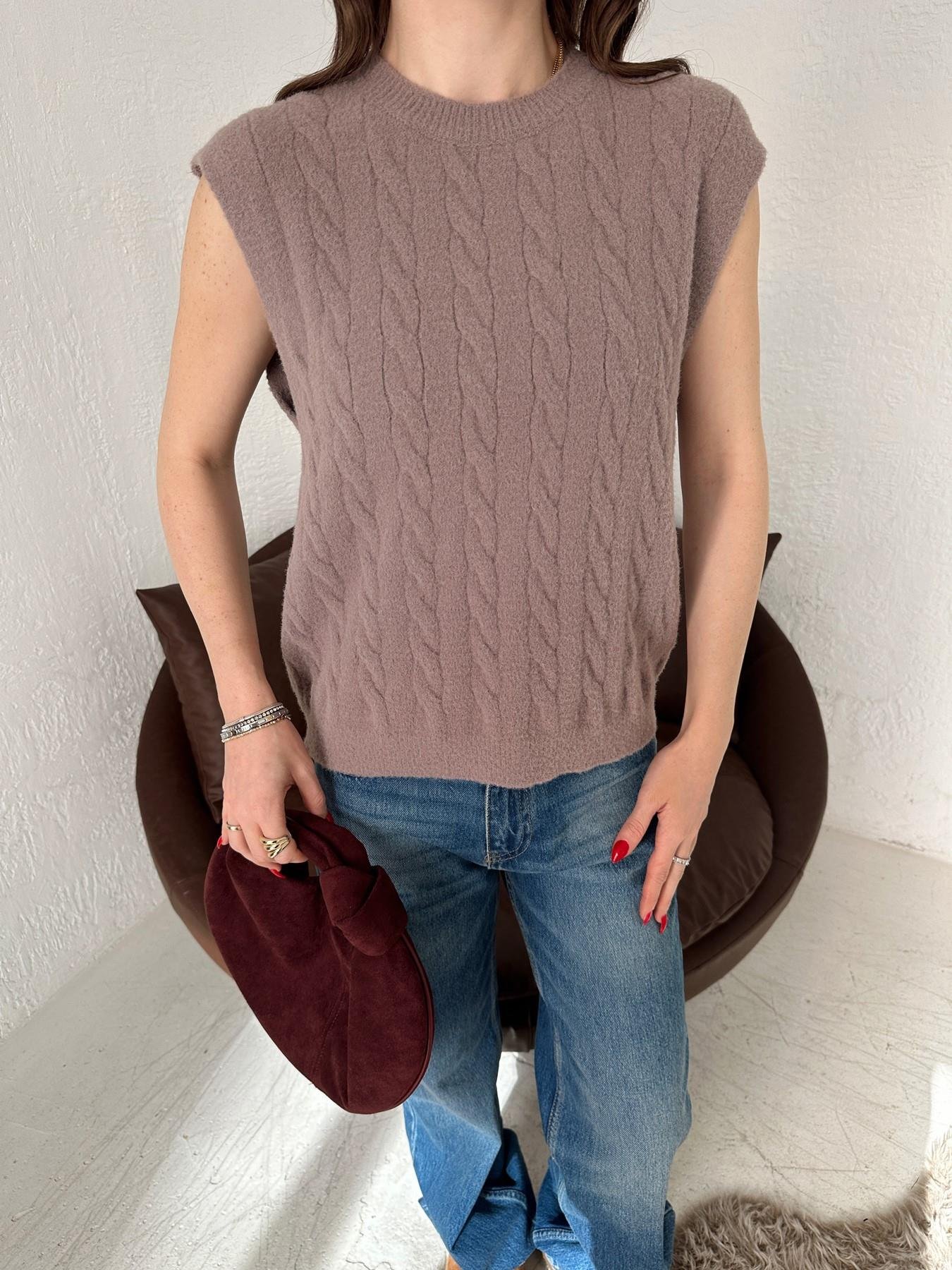 Saç Örgü Yumoş Süveter VİZON