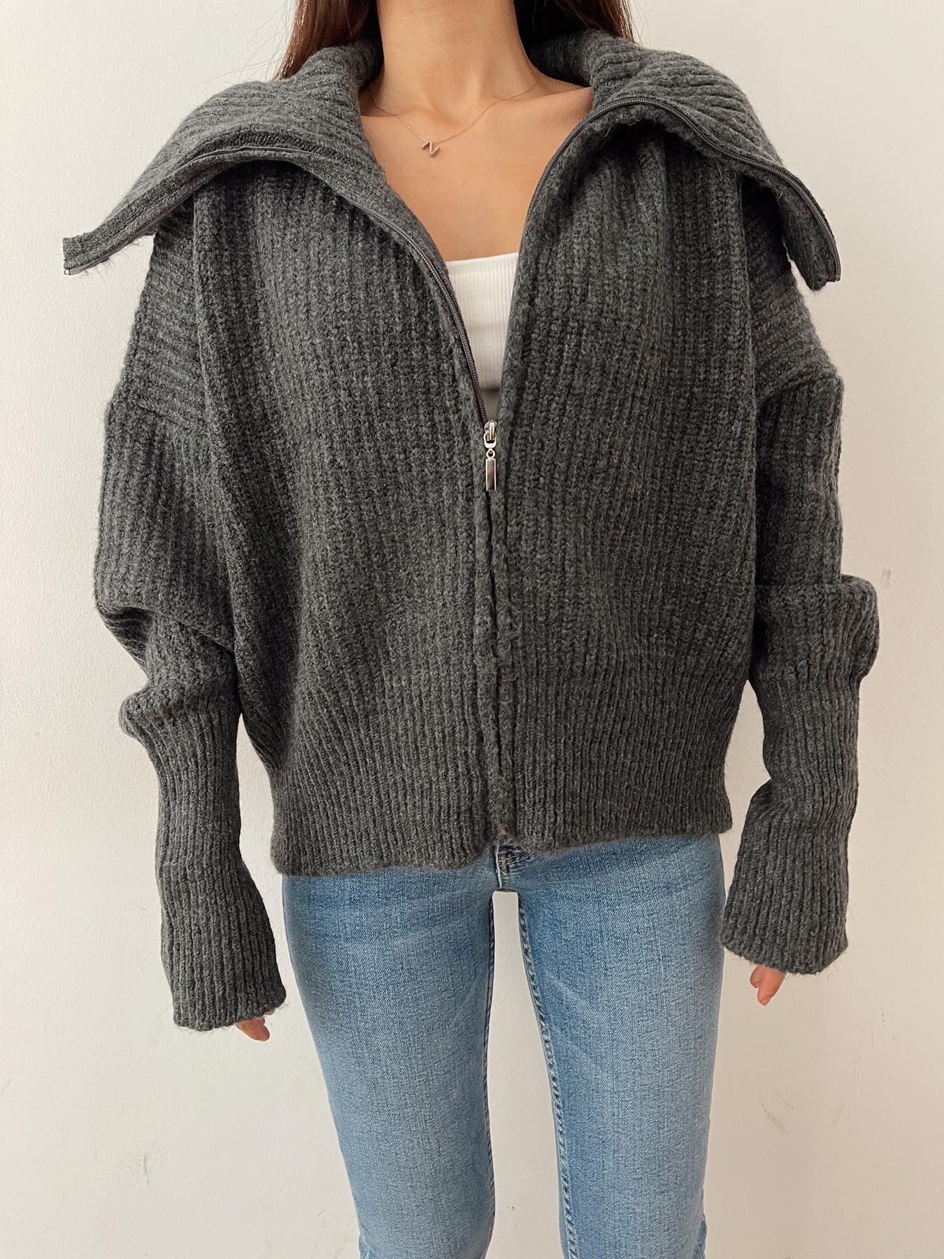 Şal Yaka Fermuarlı Hırka ANTRASİT